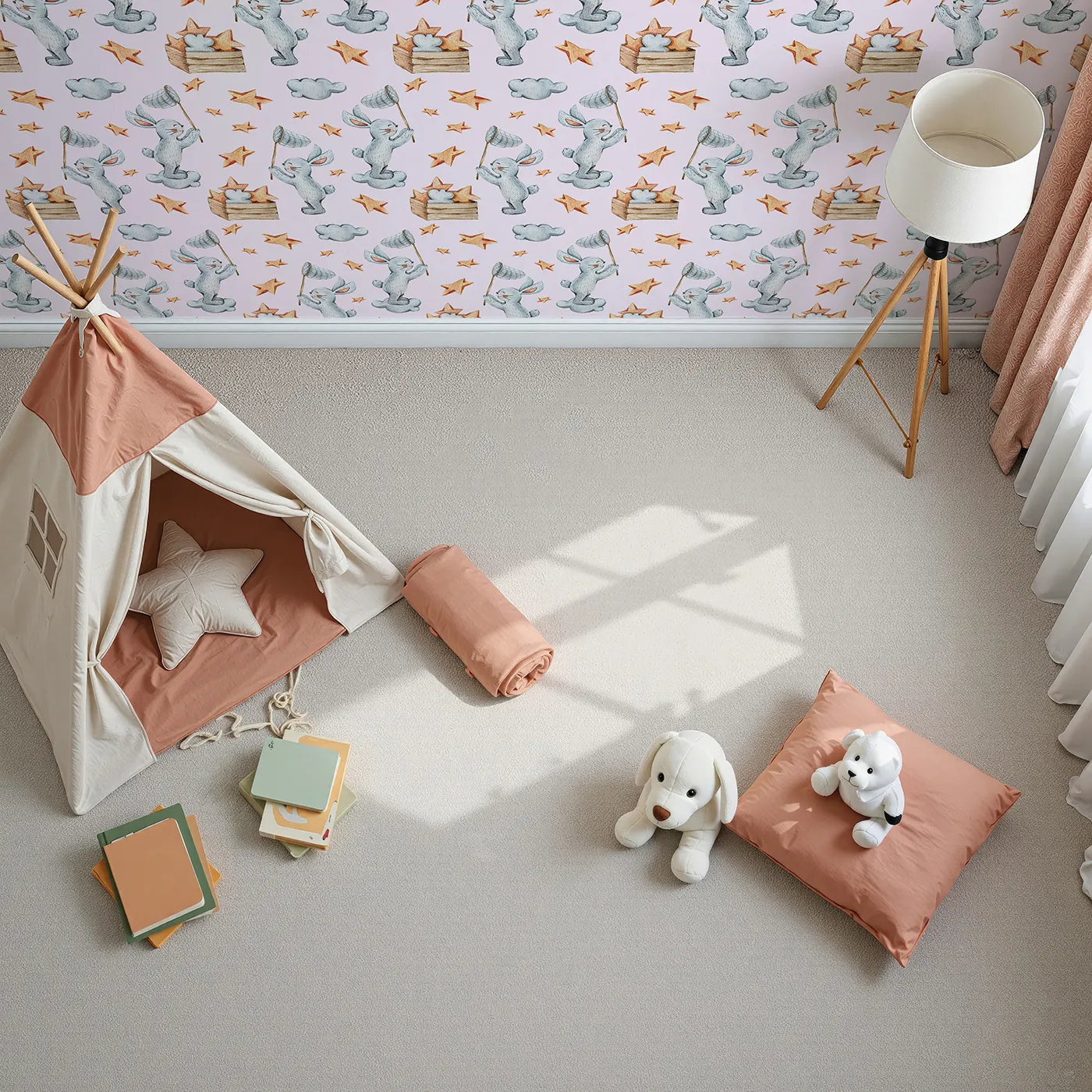 Top-Down view of Whimsy Tots' Star Catcher Bunnies Wallpaper in Pink (W3323B).Happy bunnies float through pink skies, netting stars in midair.