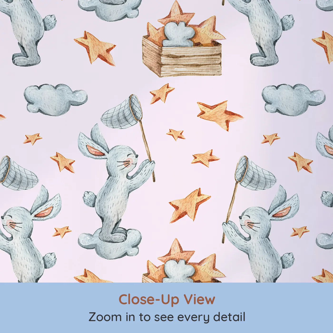Close-up view of Whimsy Tots' Star Catcher Bunnies Wallpaper in Pink (W3323B).Happy bunnies float through pink skies, netting stars in midair.
