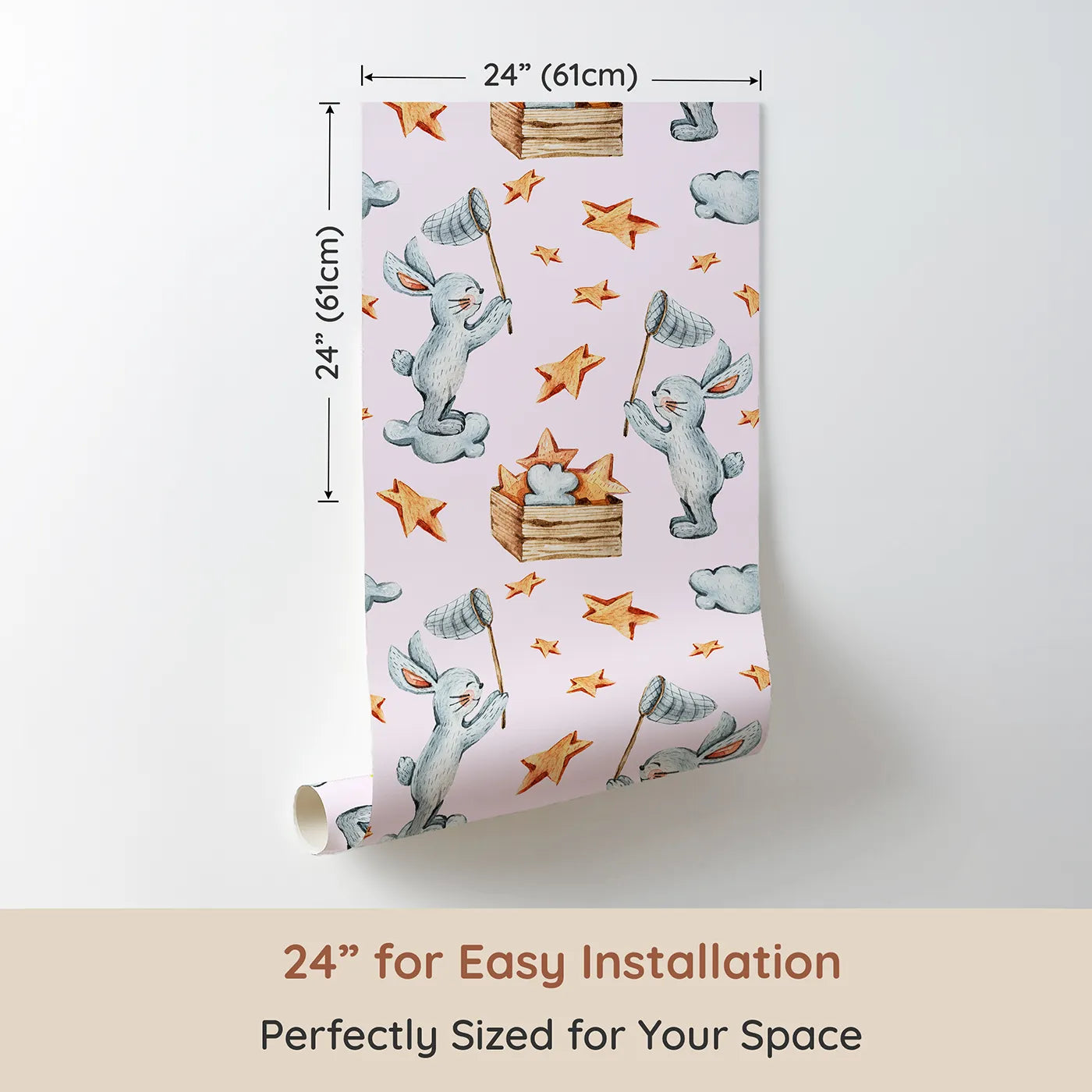 Dimension view of Whimsy Tots Star Catcher Bunnies Wallpaper in Pink (W3323B). Printed in 24-inch-wide panel for easy installation. Happy bunnies float through pink skies, netting stars in midair.