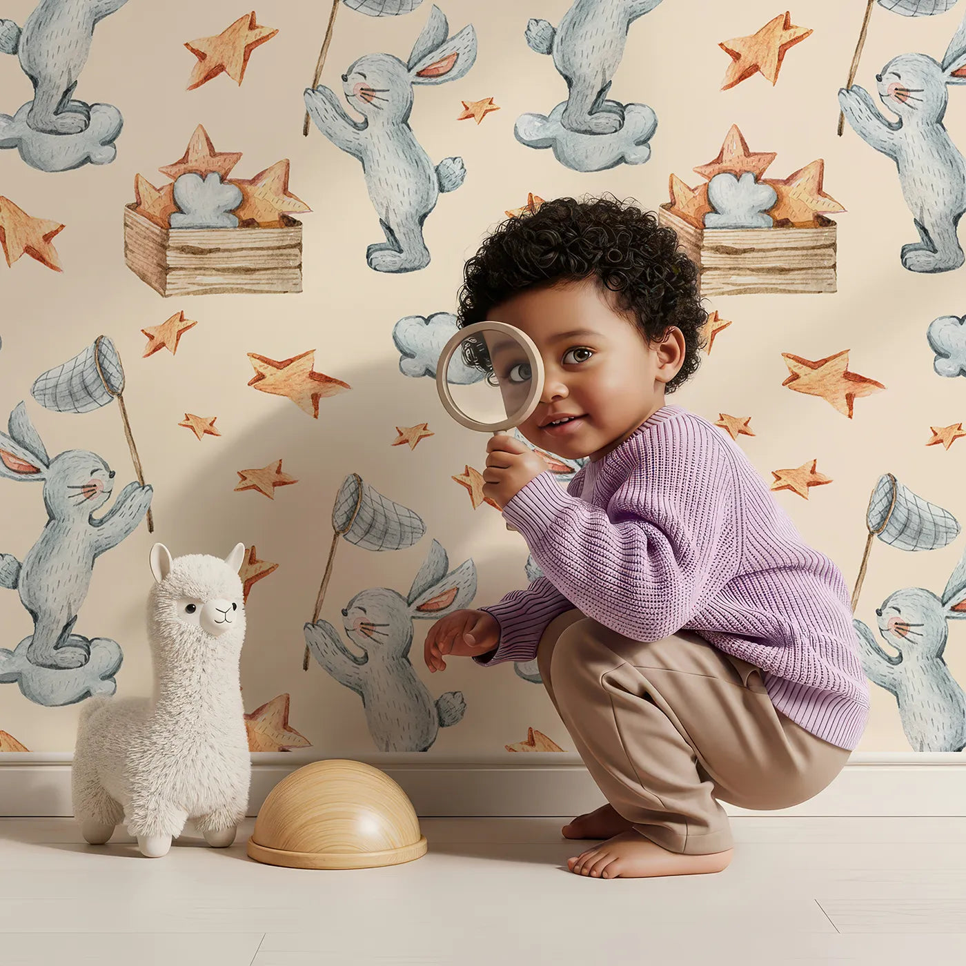 Lovely child standing in front of Whimsy Tots Star Catcher Bunnies Wallpaper in Beige with rabbit, star, cloud, net in design.