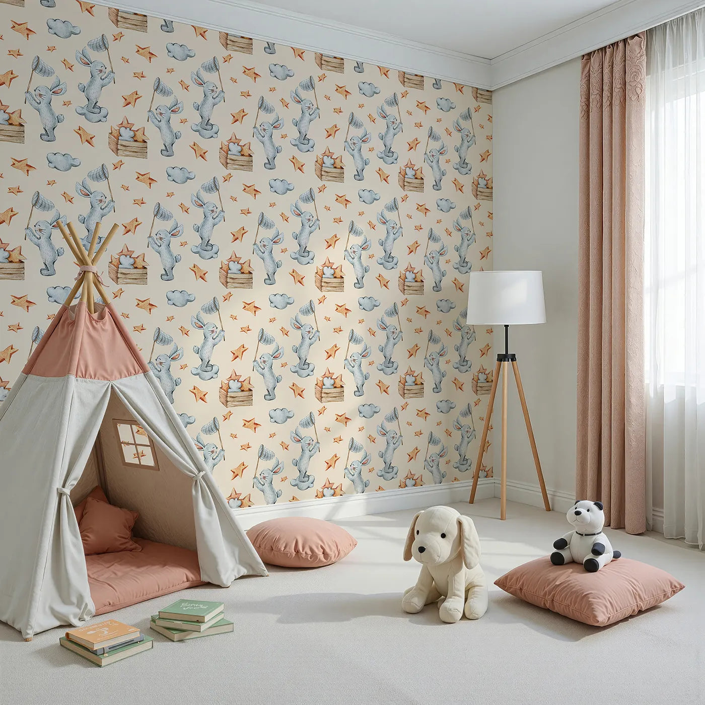 Angled view of Whimsy Tots' Star Catcher Bunnies Wallpaper in Beige (W3323C).Soft bunnies hop through a warm sky, netting stars and spreading joy.