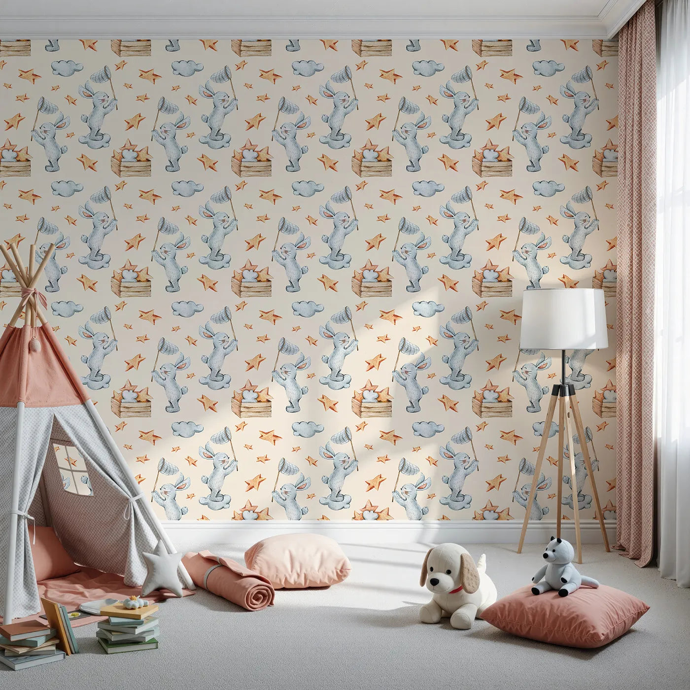 Front view of Whimsy Tots' Star Catcher Bunnies Wallpaper in Beige