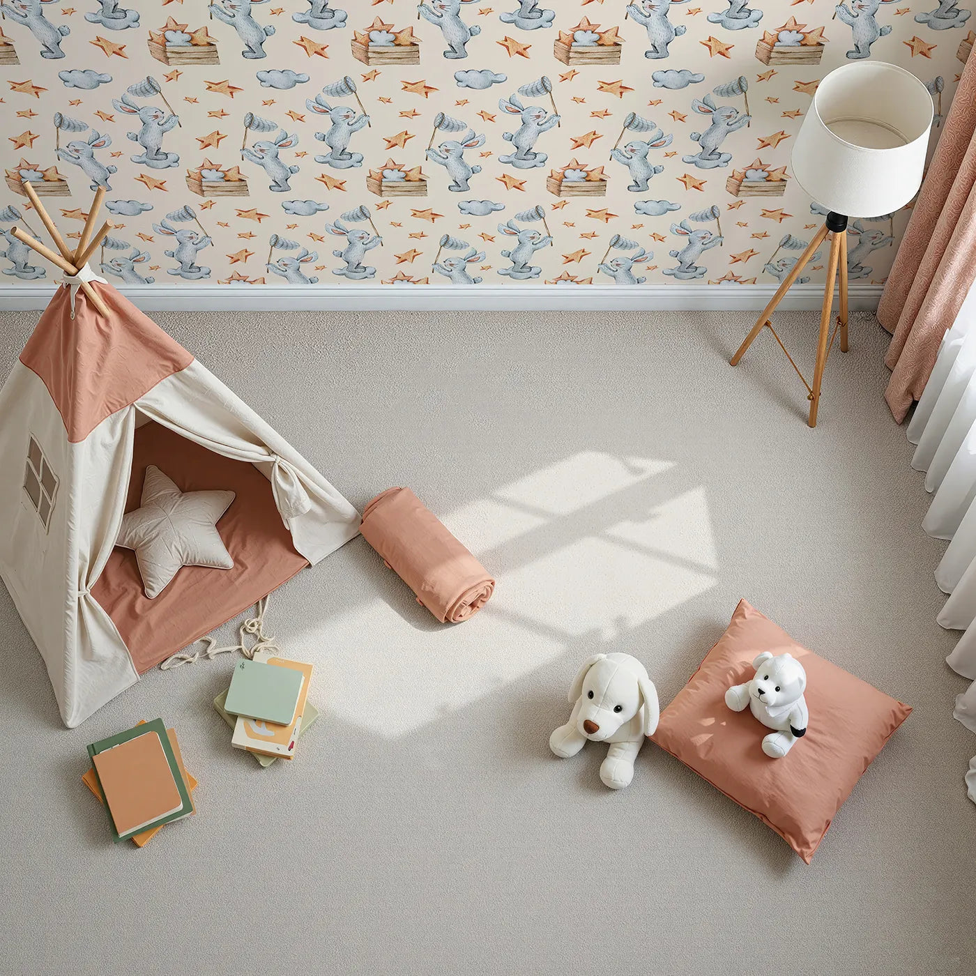 Top-Down view of Whimsy Tots' Star Catcher Bunnies Wallpaper in Beige (W3323C).Soft bunnies hop through a warm sky, netting stars and spreading joy.