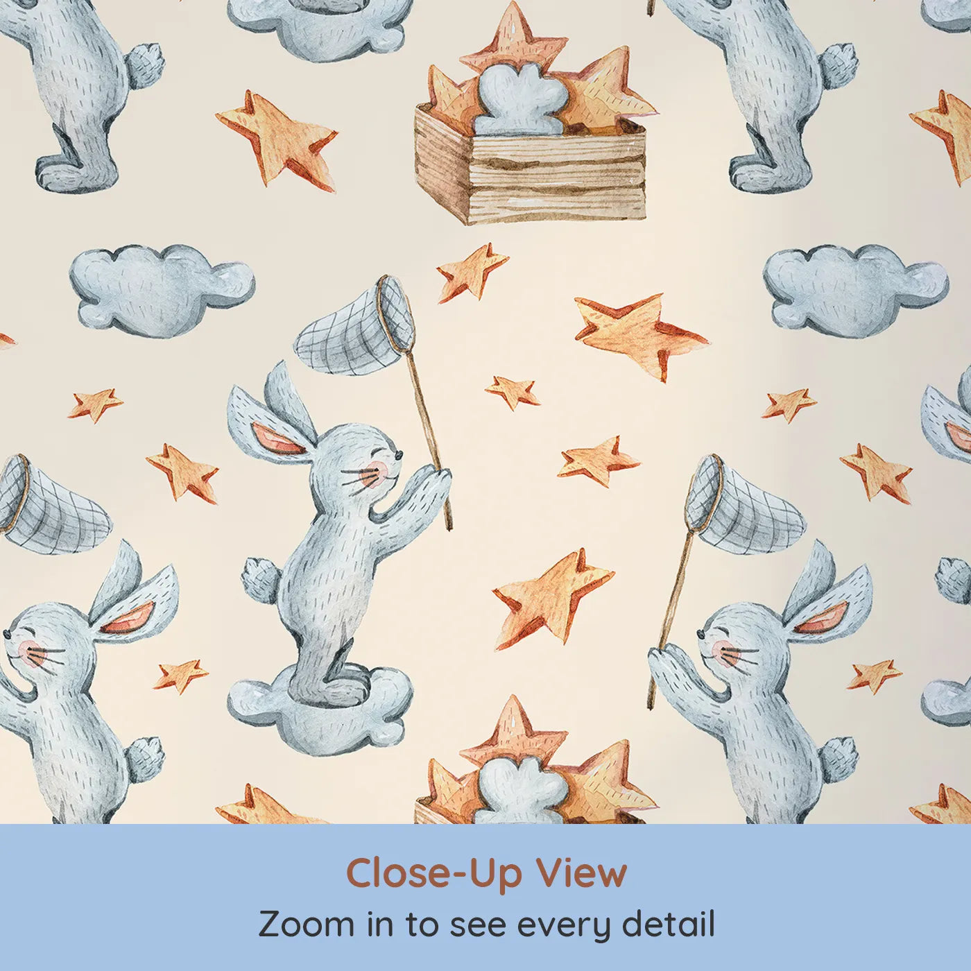 Close-up view of Whimsy Tots' Star Catcher Bunnies Wallpaper in Beige (W3323C).Soft bunnies hop through a warm sky, netting stars and spreading joy.