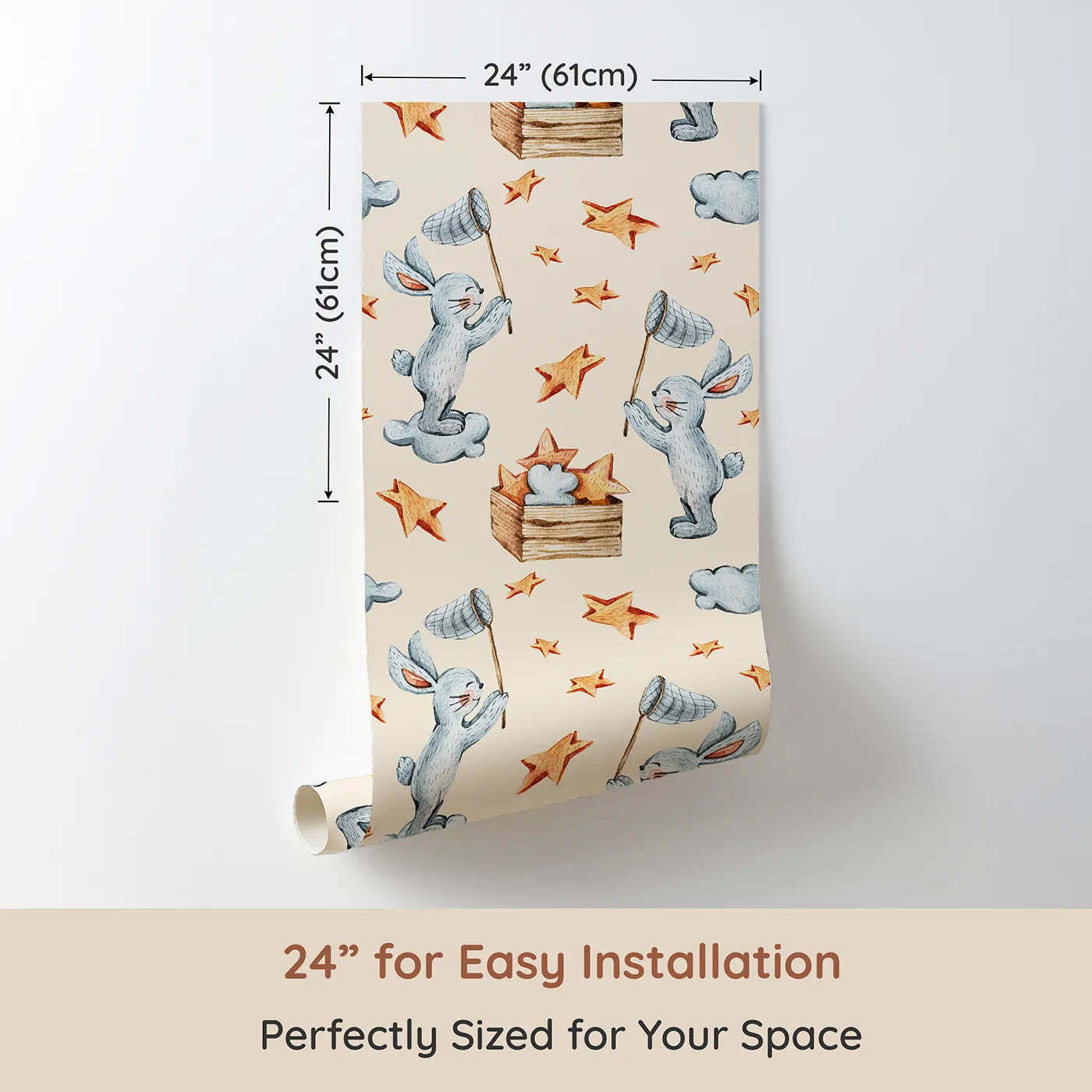Dimension view of Whimsy Tots Star Catcher Bunnies Wallpaper in Beige (W3323C). Printed in 24-inch-wide panel for easy installation. Soft bunnies hop through a warm sky, netting stars and spreading joy.
