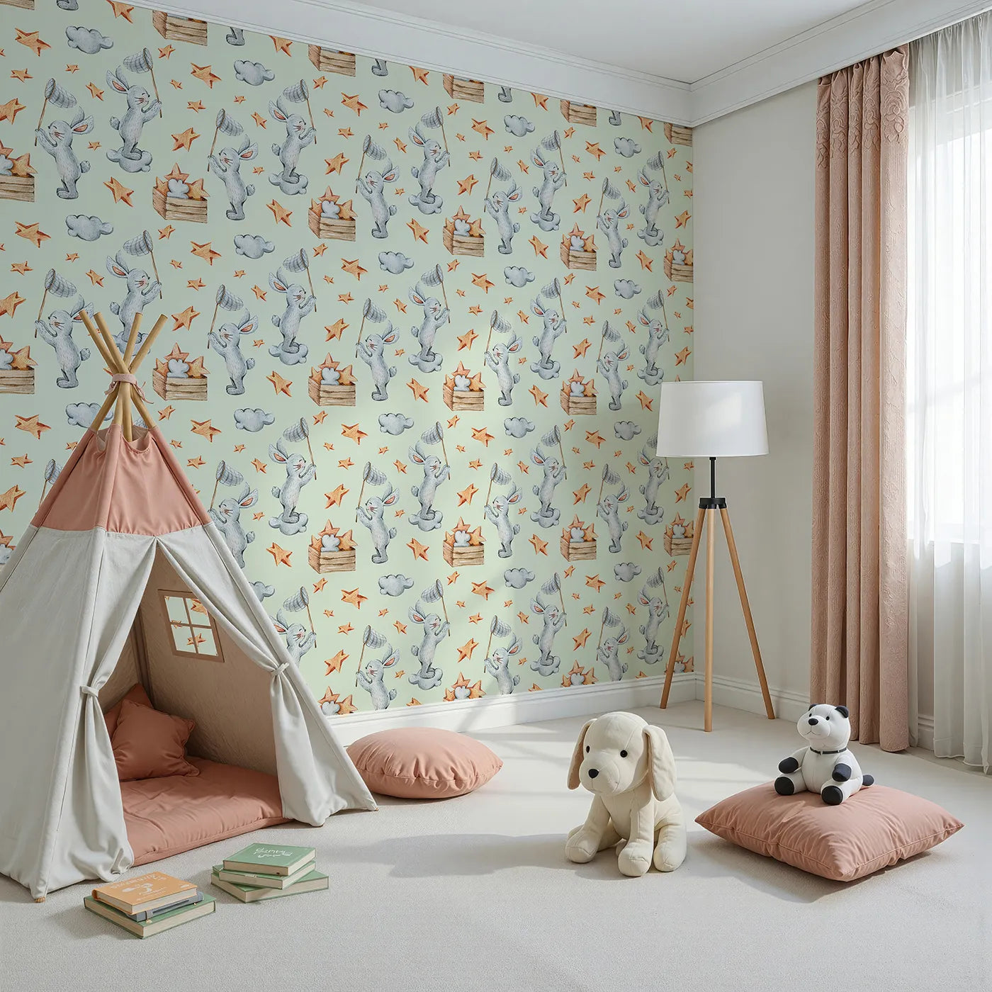 Angled view of Whimsy Tots' Star Catcher Bunnies Wallpaper in Green (W3323D).Playful bunnies catch stars in a dreamy green sky filled with wonder.