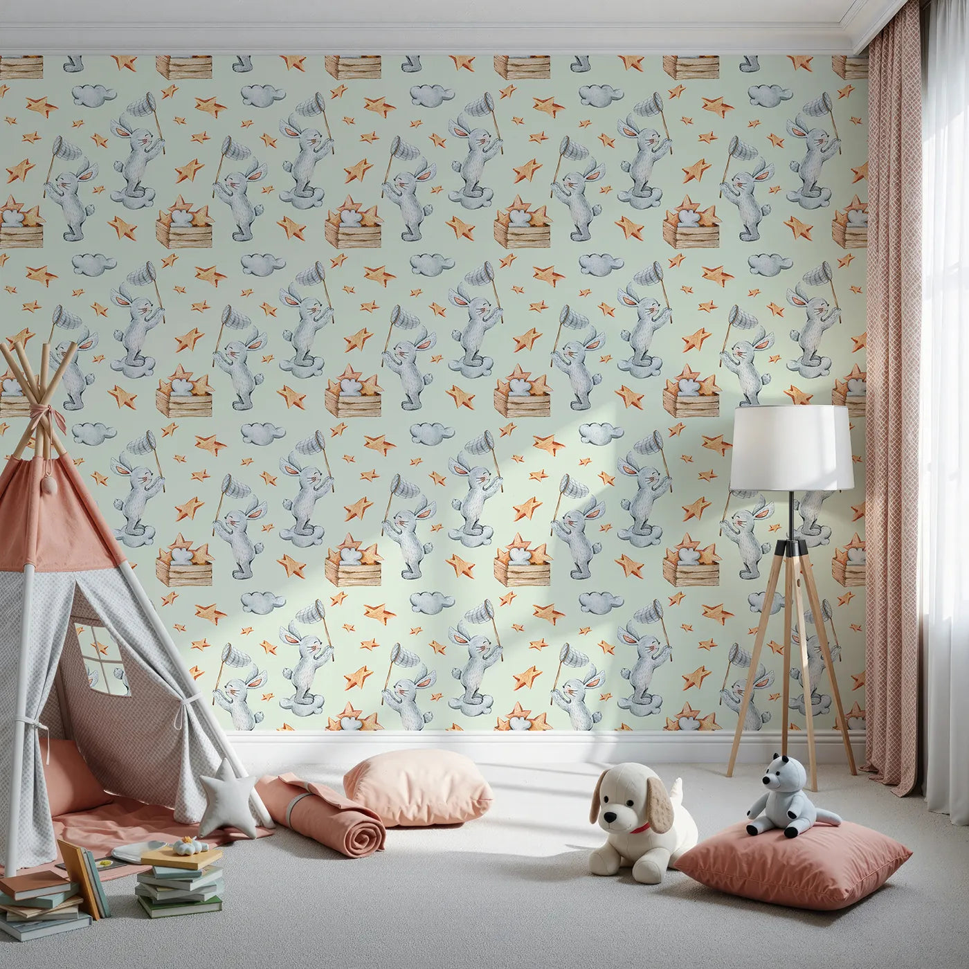 Front view of Whimsy Tots' Star Catcher Bunnies Wallpaper in Green