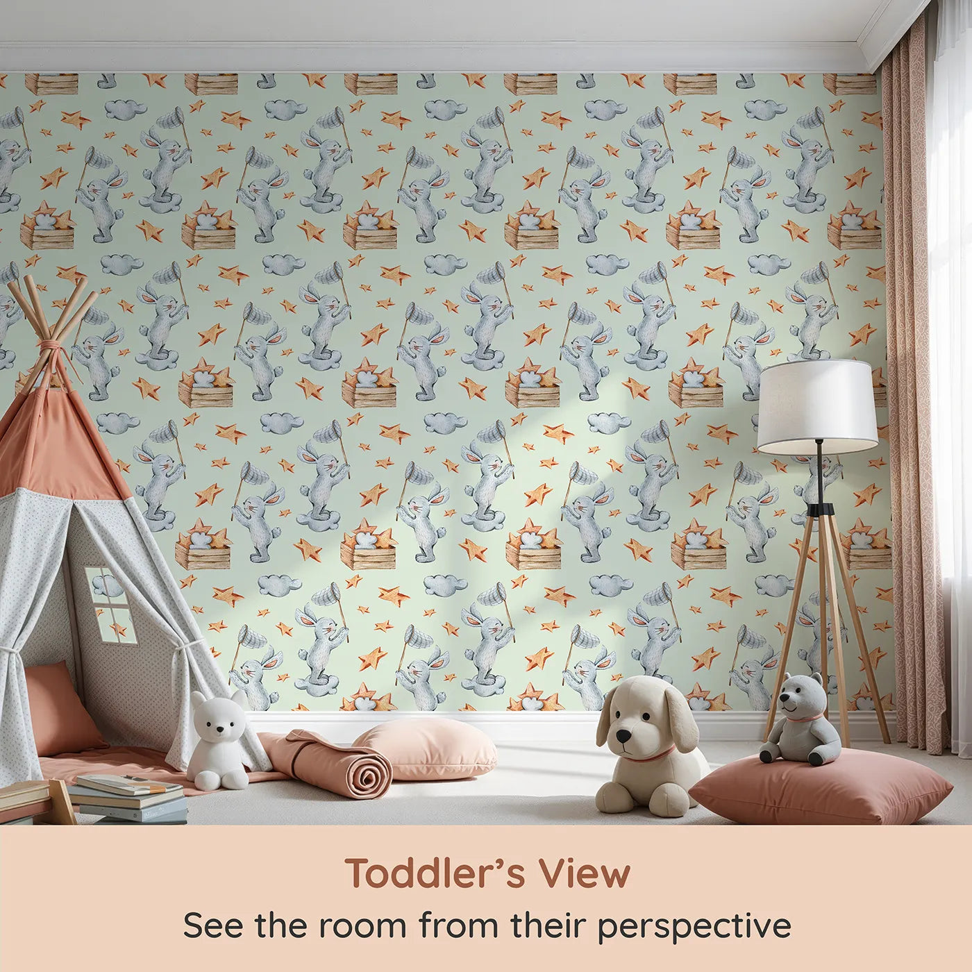 Whimsy Tots Star Catcher Bunnies Wallpaper in Green (W3323D) from your child's view.Playful bunnies catch stars in a dreamy green sky filled with wonder.