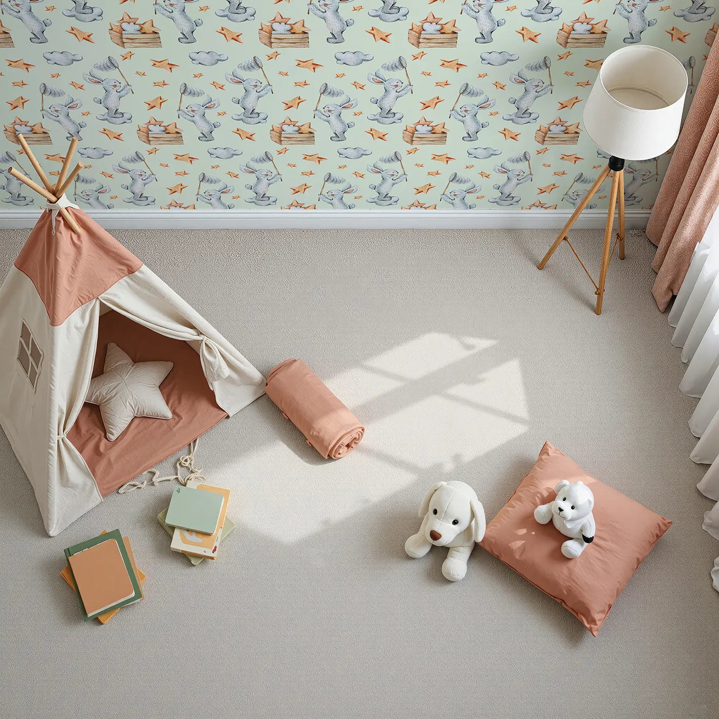 Top-Down view of Whimsy Tots' Star Catcher Bunnies Wallpaper in Green (W3323D).Playful bunnies catch stars in a dreamy green sky filled with wonder.