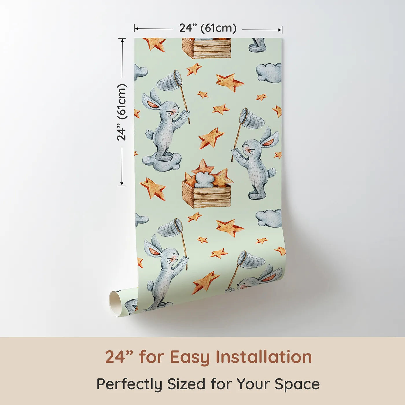 Dimension view of Whimsy Tots Star Catcher Bunnies Wallpaper in Green (W3323D). Printed in 24-inch-wide panel for easy installation. Playful bunnies catch stars in a dreamy green sky filled with wonder.