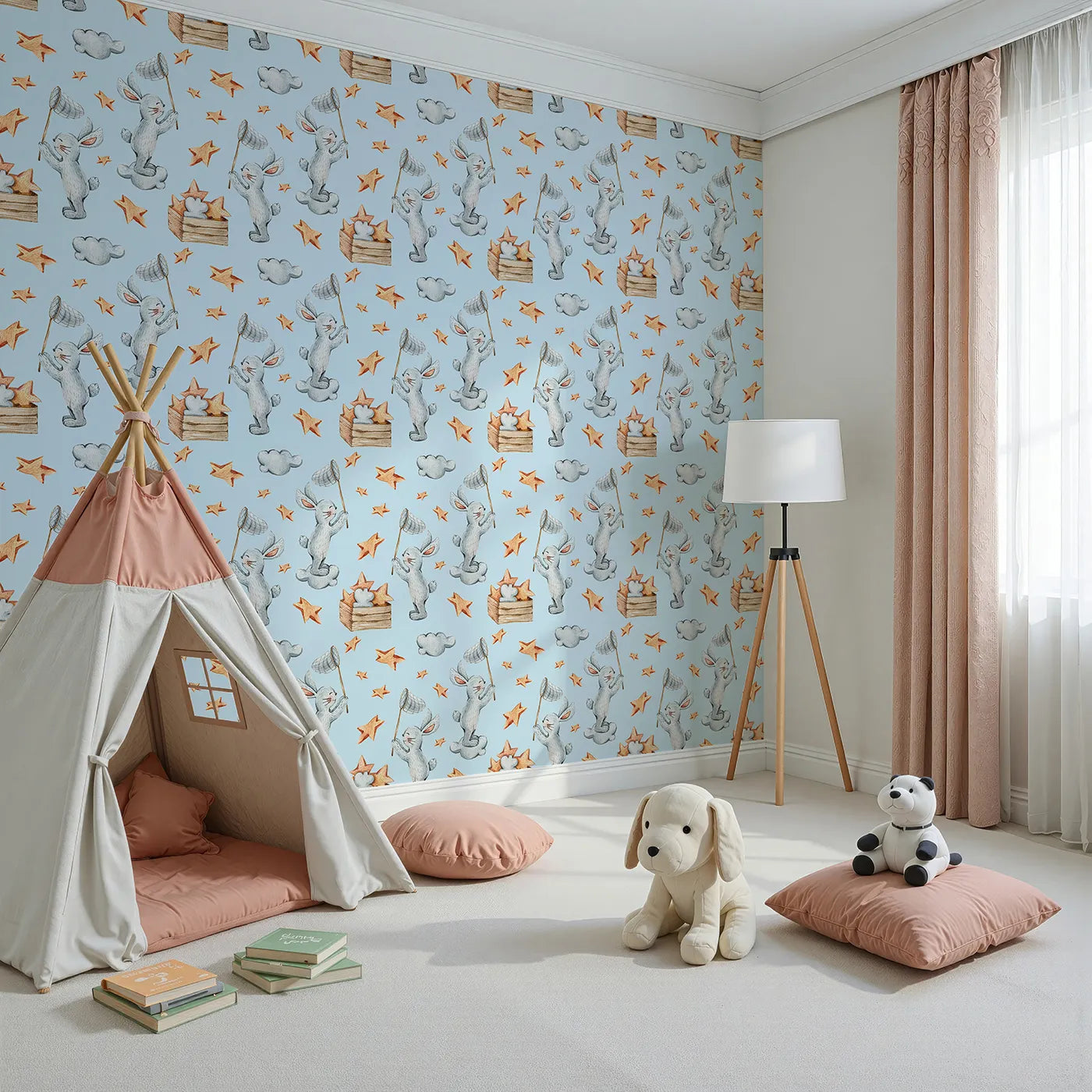 Angled view of Whimsy Tots' Star Catcher Bunnies Wallpaper in Blue (W3323E).Happy bunnies hop through blue skies catching stars on clouds.