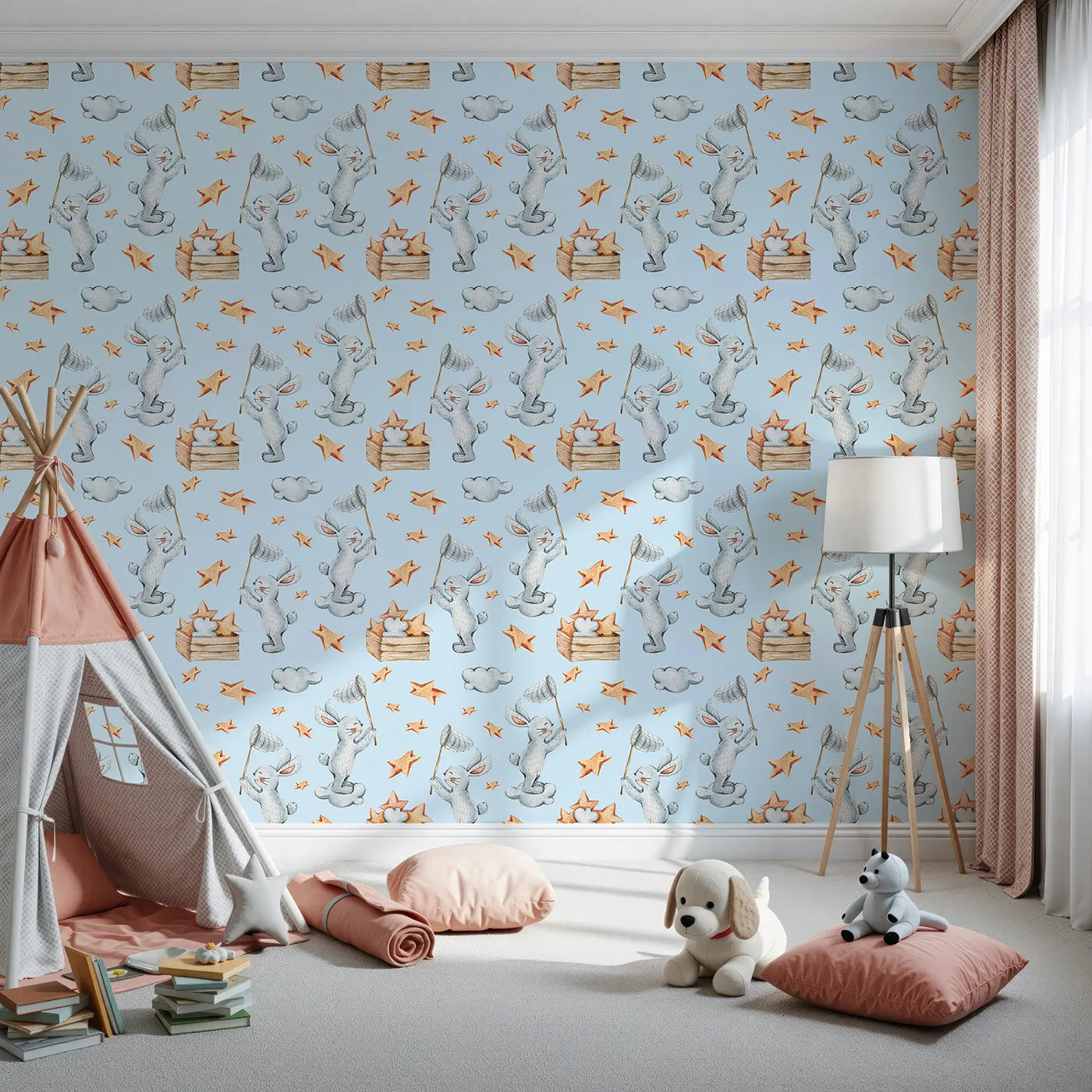 Front view of Whimsy Tots' Star Catcher Bunnies Wallpaper in Blue