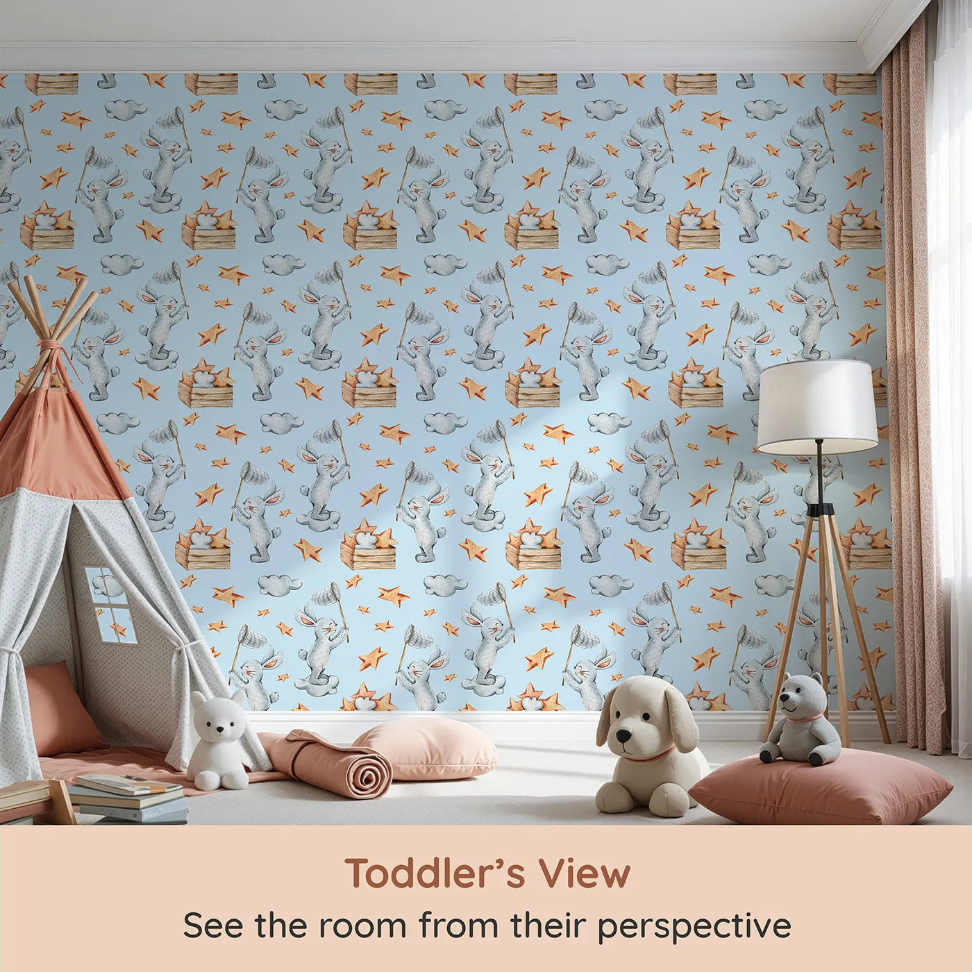 Whimsy Tots Star Catcher Bunnies Wallpaper in Blue (W3323E) from your child's view.Happy bunnies hop through blue skies catching stars on clouds.