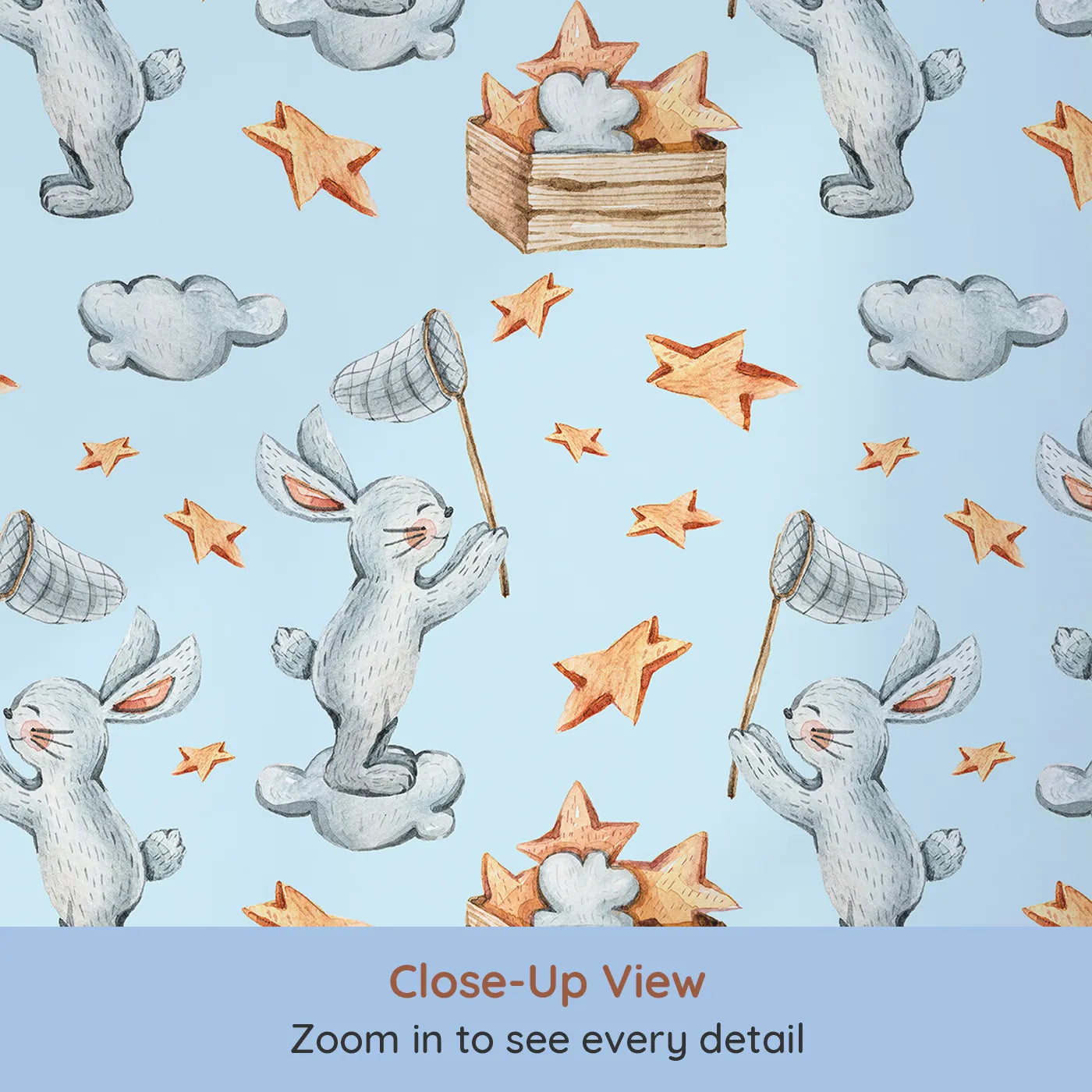 Close-up view of Whimsy Tots' Star Catcher Bunnies Wallpaper in Blue (W3323E).Happy bunnies hop through blue skies catching stars on clouds.