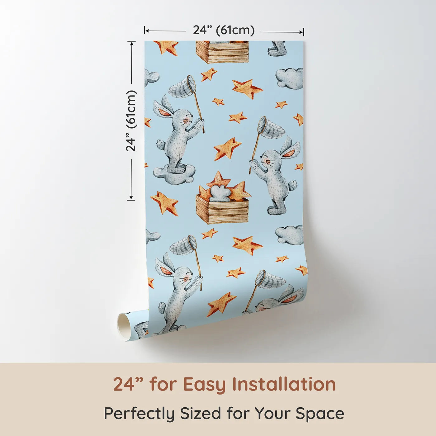 Dimension view of Whimsy Tots Star Catcher Bunnies Wallpaper in Blue (W3323E). Printed in 24-inch-wide panel for easy installation. Happy bunnies hop through blue skies catching stars on clouds.