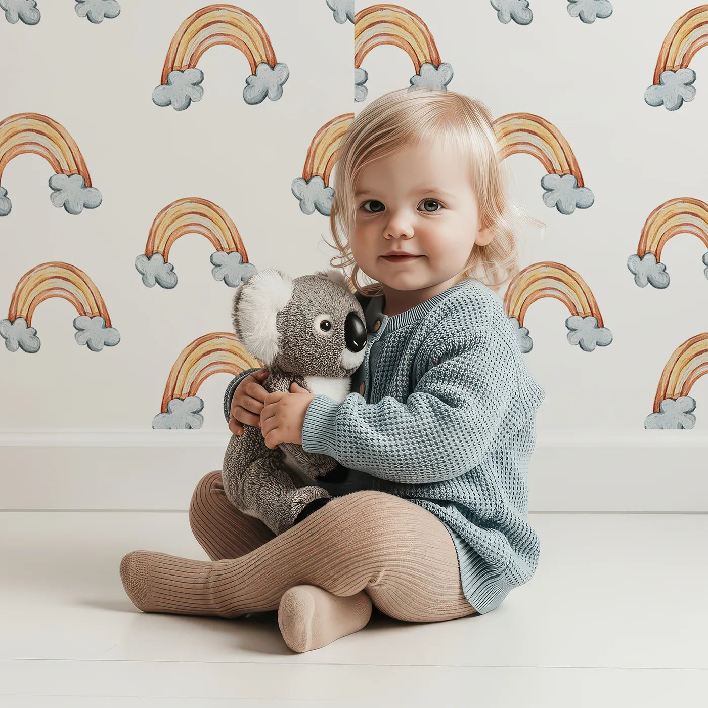 Lovely child standing in front of Whimsy Tots Sunset Rainbows Wallpaper in White with rainbow, cloud in design.