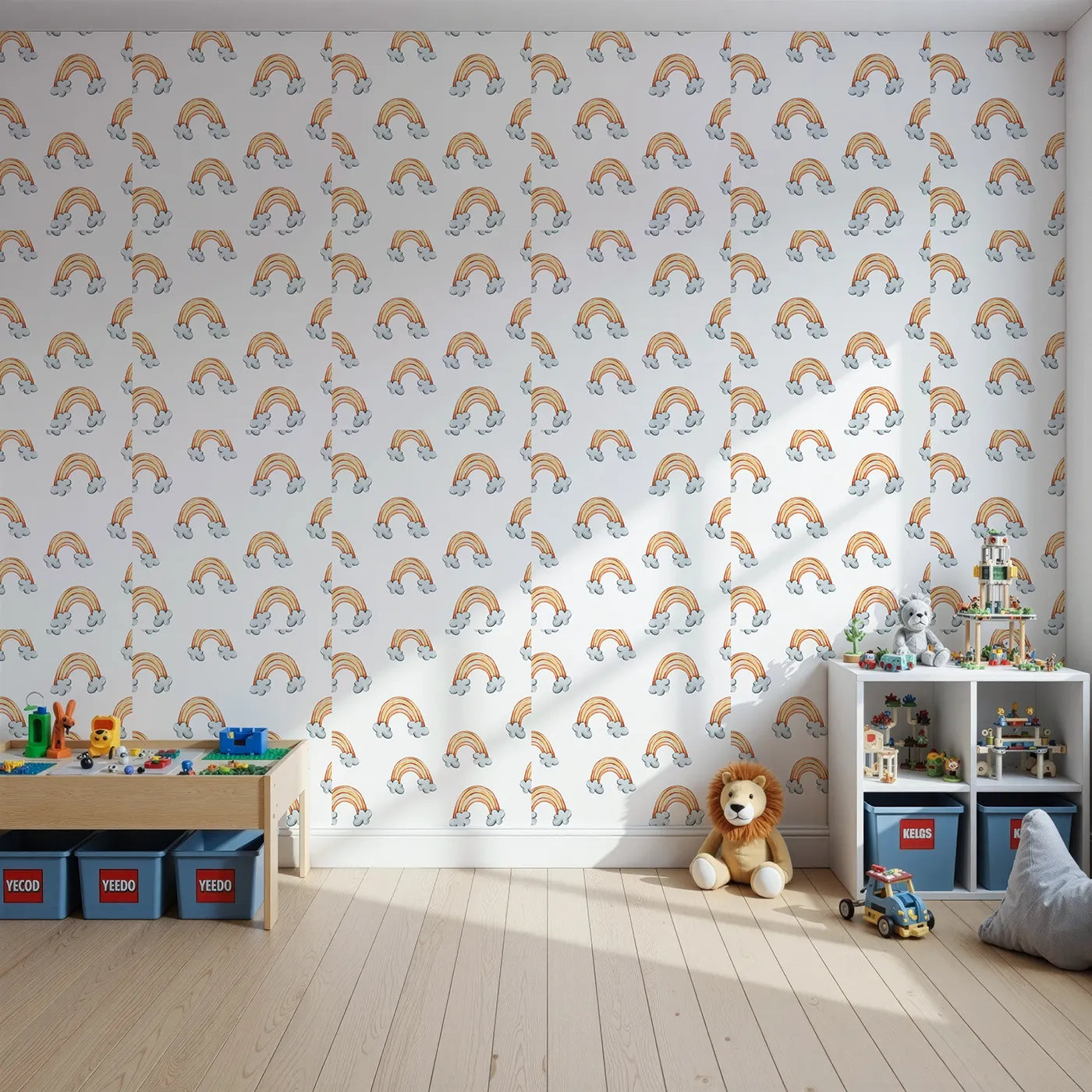 Front view of Whimsy Tots' Sunset Rainbows Wallpaper in White