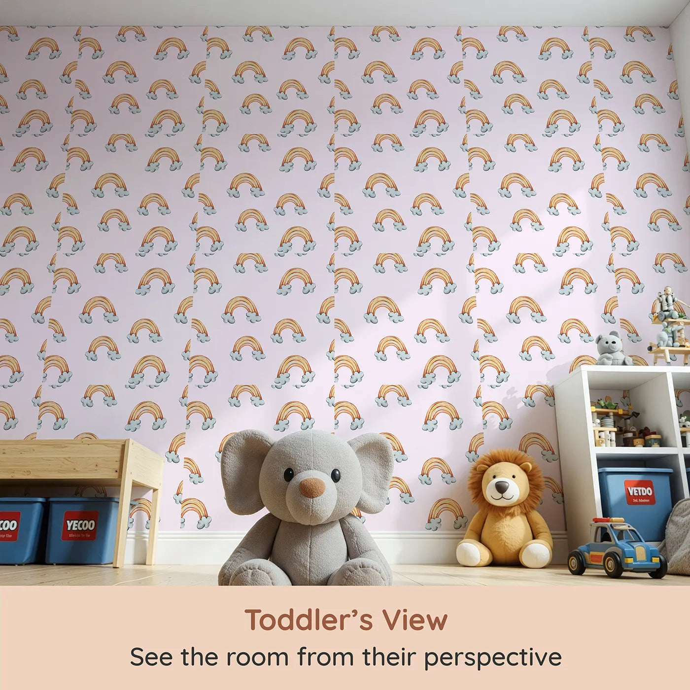 Whimsy Tots Sunset Rainbows Wallpaper in Pink (W3324B) from your child's view.Warm-toned rainbows float softly across a light pink sky.