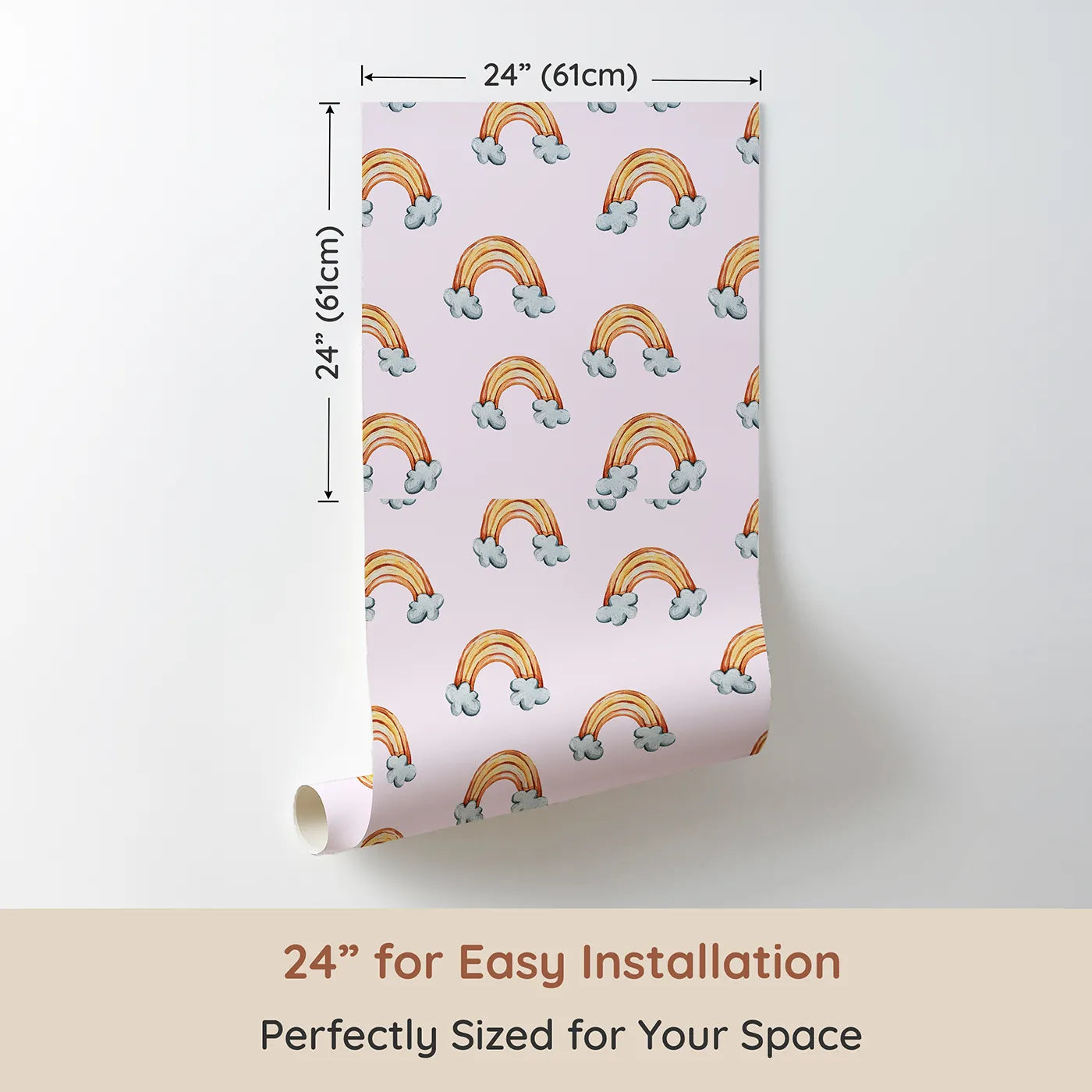 Dimension view of Whimsy Tots Sunset Rainbows Wallpaper in Pink (W3324B). Printed in 24-inch-wide panel for easy installation. Warm-toned rainbows float softly across a light pink sky.