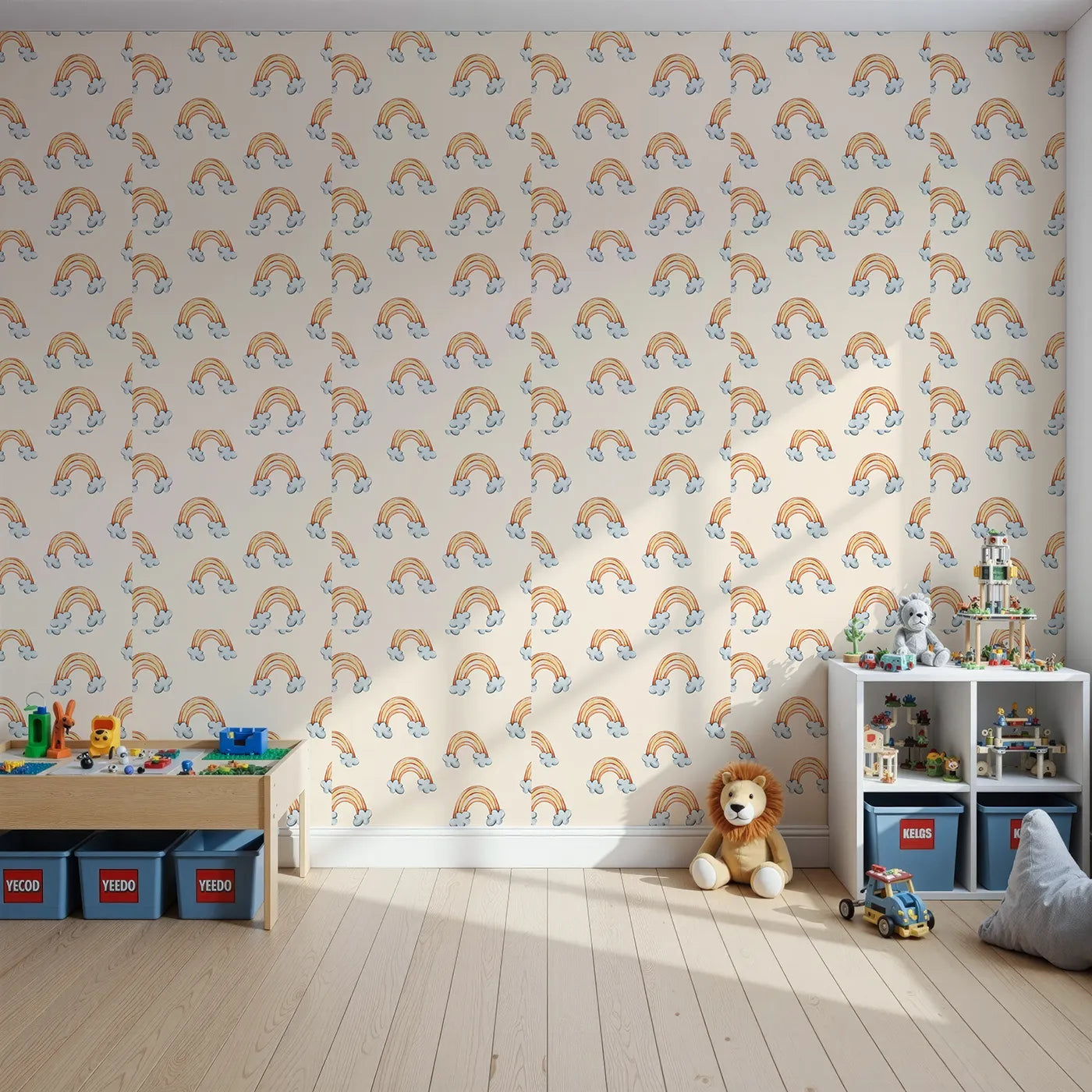 Front view of Whimsy Tots' Sunset Rainbows Wallpaper in Beige