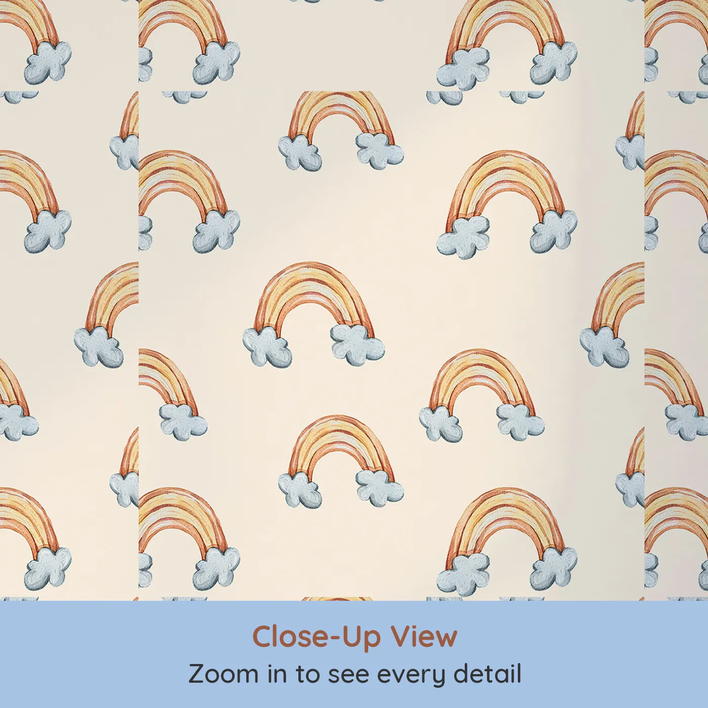 Close-up view of Whimsy Tots' Sunset Rainbows Wallpaper in Beige (W3324C).Golden rainbows arc across a warm beige sky with cozy clouds.
