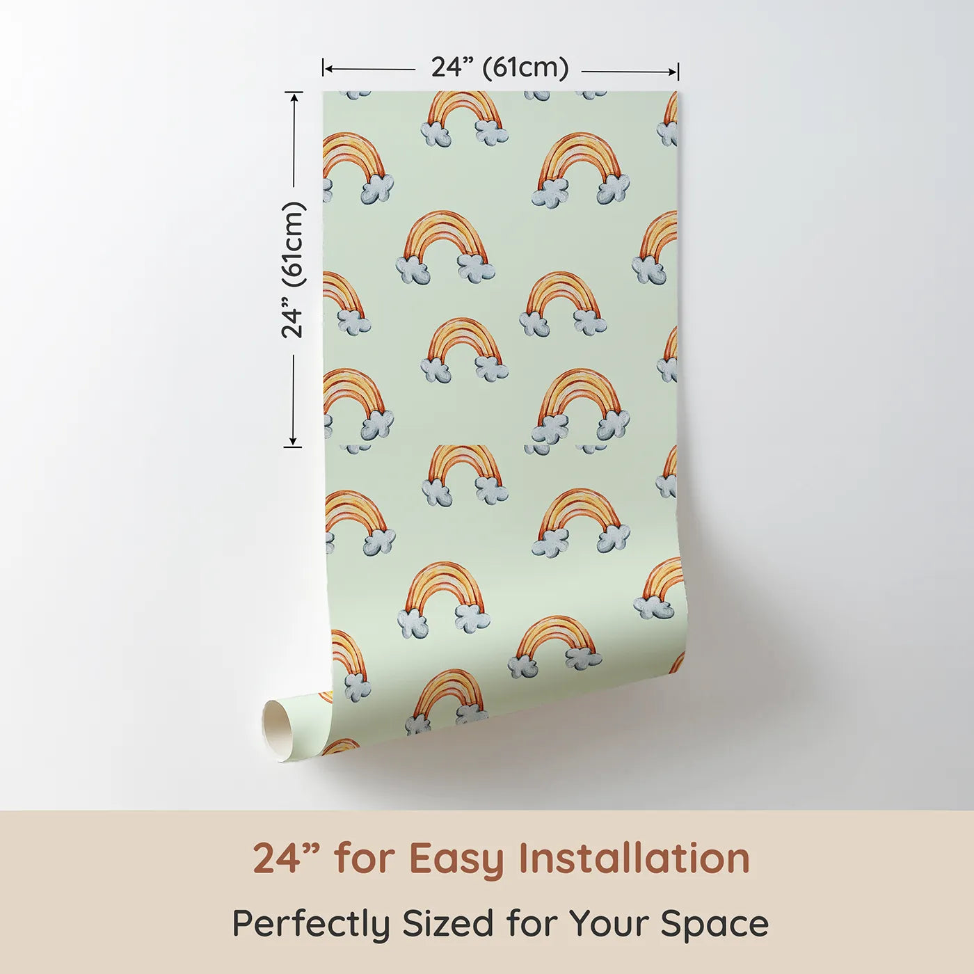 Dimension view of Whimsy Tots Sunset Rainbows Wallpaper in Green (W3324D). Printed in 24-inch-wide panel for easy installation. Soft rainbows arc through mint green skies, spreading cheerful calm.