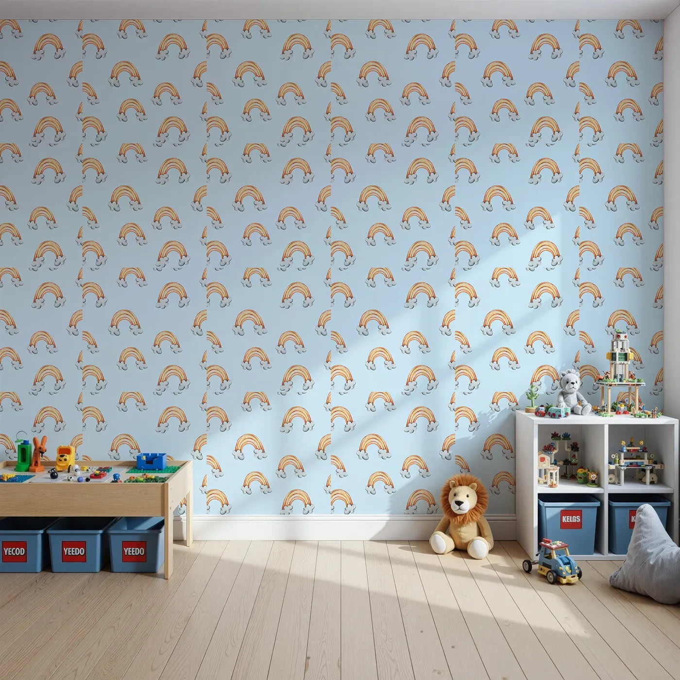 Front view of Whimsy Tots' Sunset Rainbows Wallpaper in Blue