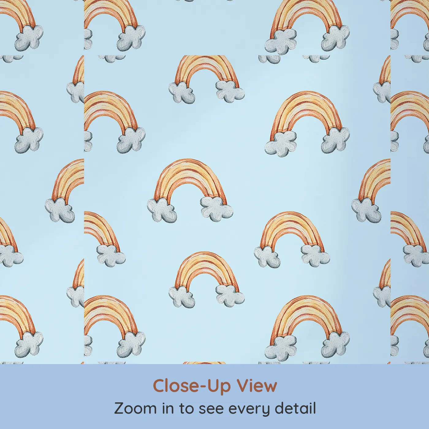 Close-up view of Whimsy Tots' Sunset Rainbows Wallpaper in Blue (W3324E).Sunset-colored rainbows stretch across a peaceful blue sky.
