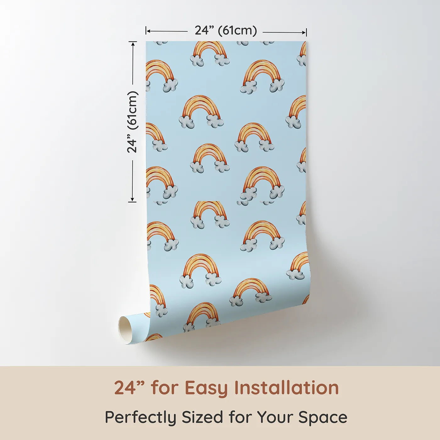 Dimension view of Whimsy Tots Sunset Rainbows Wallpaper in Blue (W3324E). Printed in 24-inch-wide panel for easy installation. Sunset-colored rainbows stretch across a peaceful blue sky.