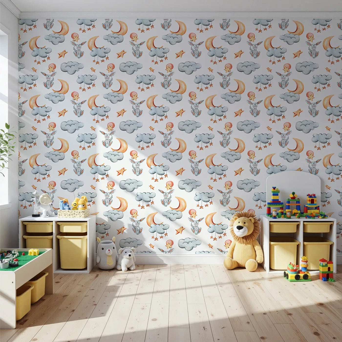 Front view of Whimsy Tots' Moonlight Bunny Dreams Wallpaper in White