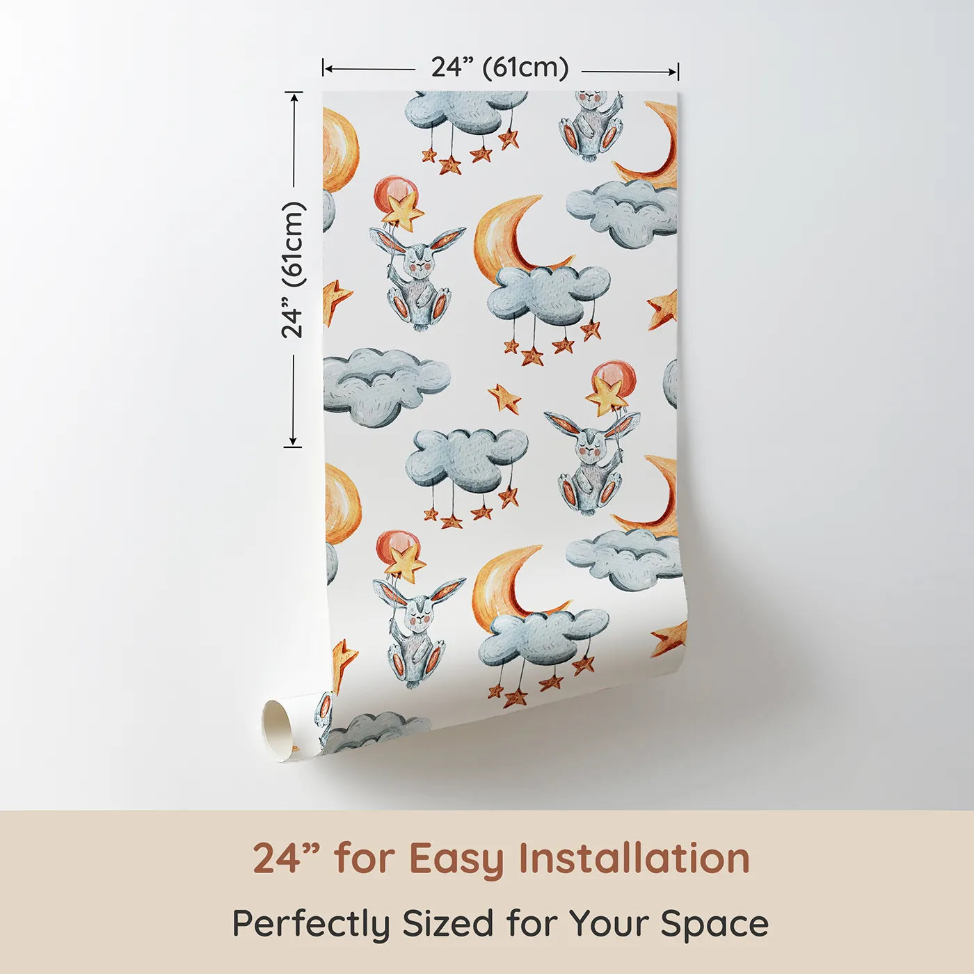 Dimension view of Whimsy Tots Moonlight Bunny Dreams Wallpaper in White (W3325A). Printed in 24-inch-wide panel for easy installation. Floating bunnies rest among clouds, stars, and sleepy moons.