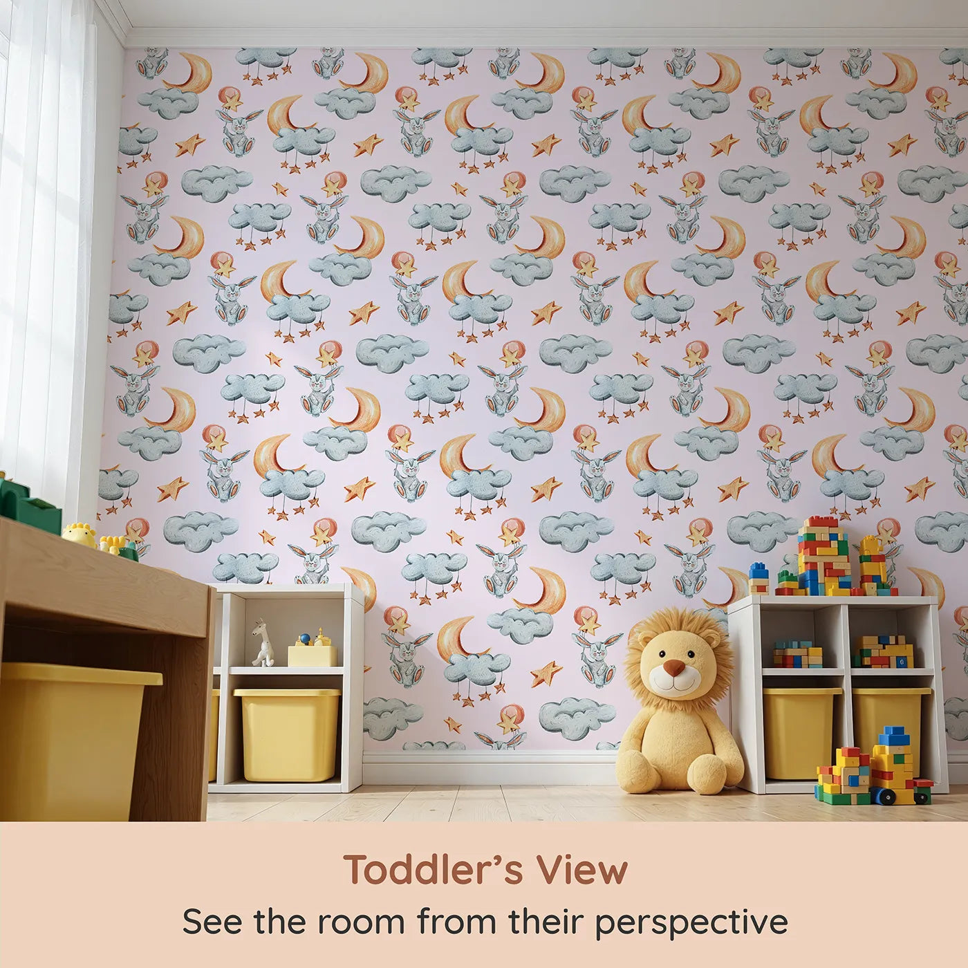 Whimsy Tots Moonlight Bunny Dreams Wallpaper in Pink (W3325B) from your child's view.Floating bunnies drift through pink skies on clouds and stars.
