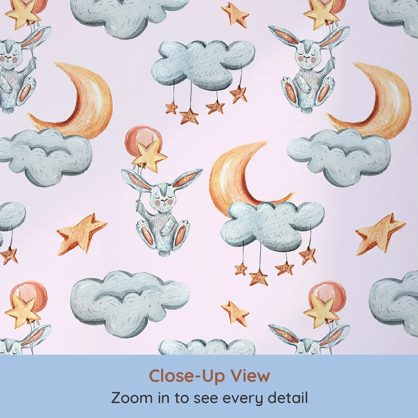 Close-up view of Whimsy Tots' Moonlight Bunny Dreams Wallpaper in Pink (W3325B).Floating bunnies drift through pink skies on clouds and stars.