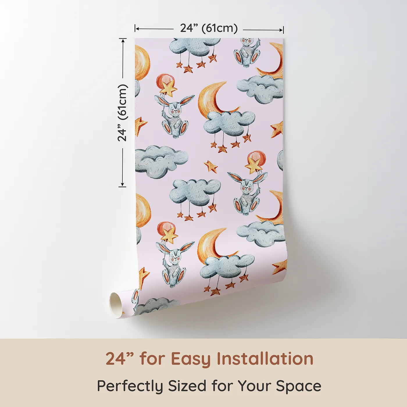 Dimension view of Whimsy Tots Moonlight Bunny Dreams Wallpaper in Pink (W3325B). Printed in 24-inch-wide panel for easy installation. Floating bunnies drift through pink skies on clouds and stars.