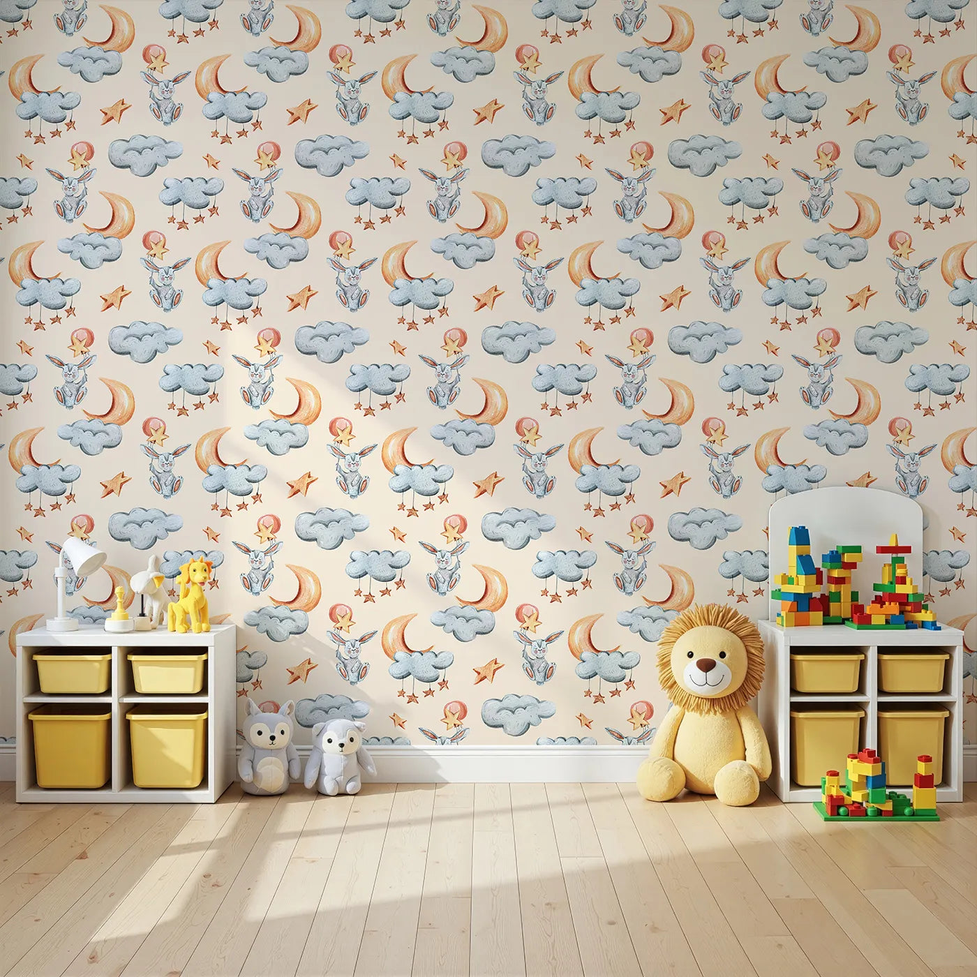 Angled view of Whimsy Tots' Moonlight Bunny Dreams Wallpaper in Beige (W3325C).Bunnies float gently through beige skies with moons, clouds, and stars.