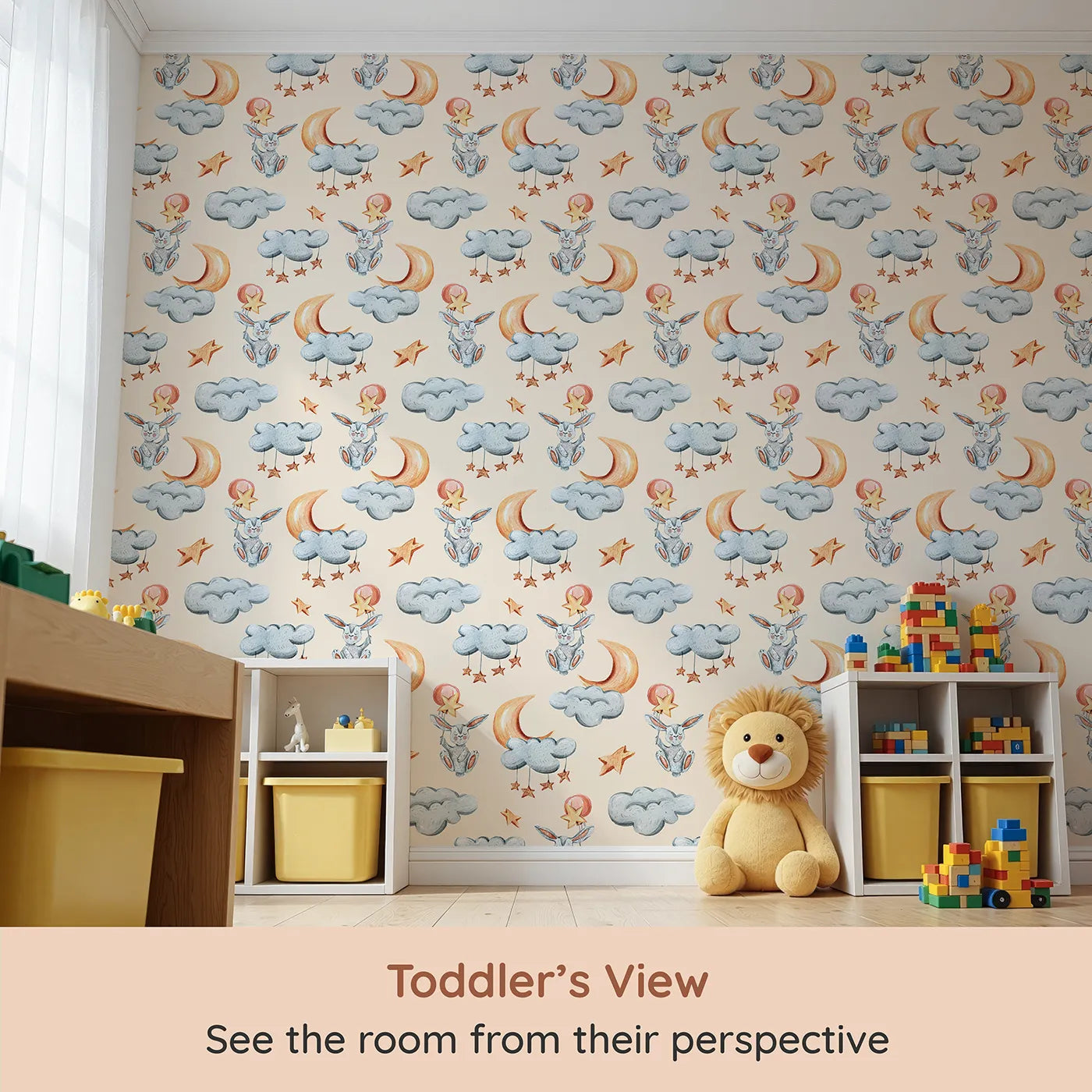 Whimsy Tots Moonlight Bunny Dreams Wallpaper in Beige (W3325C) from your child's view.Bunnies float gently through beige skies with moons, clouds, and stars.