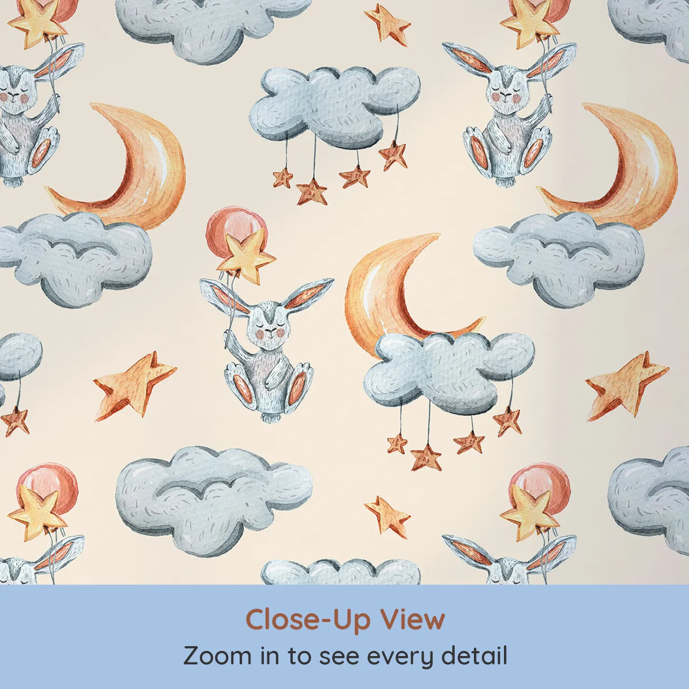 Close-up view of Whimsy Tots' Moonlight Bunny Dreams Wallpaper in Beige (W3325C).Bunnies float gently through beige skies with moons, clouds, and stars.