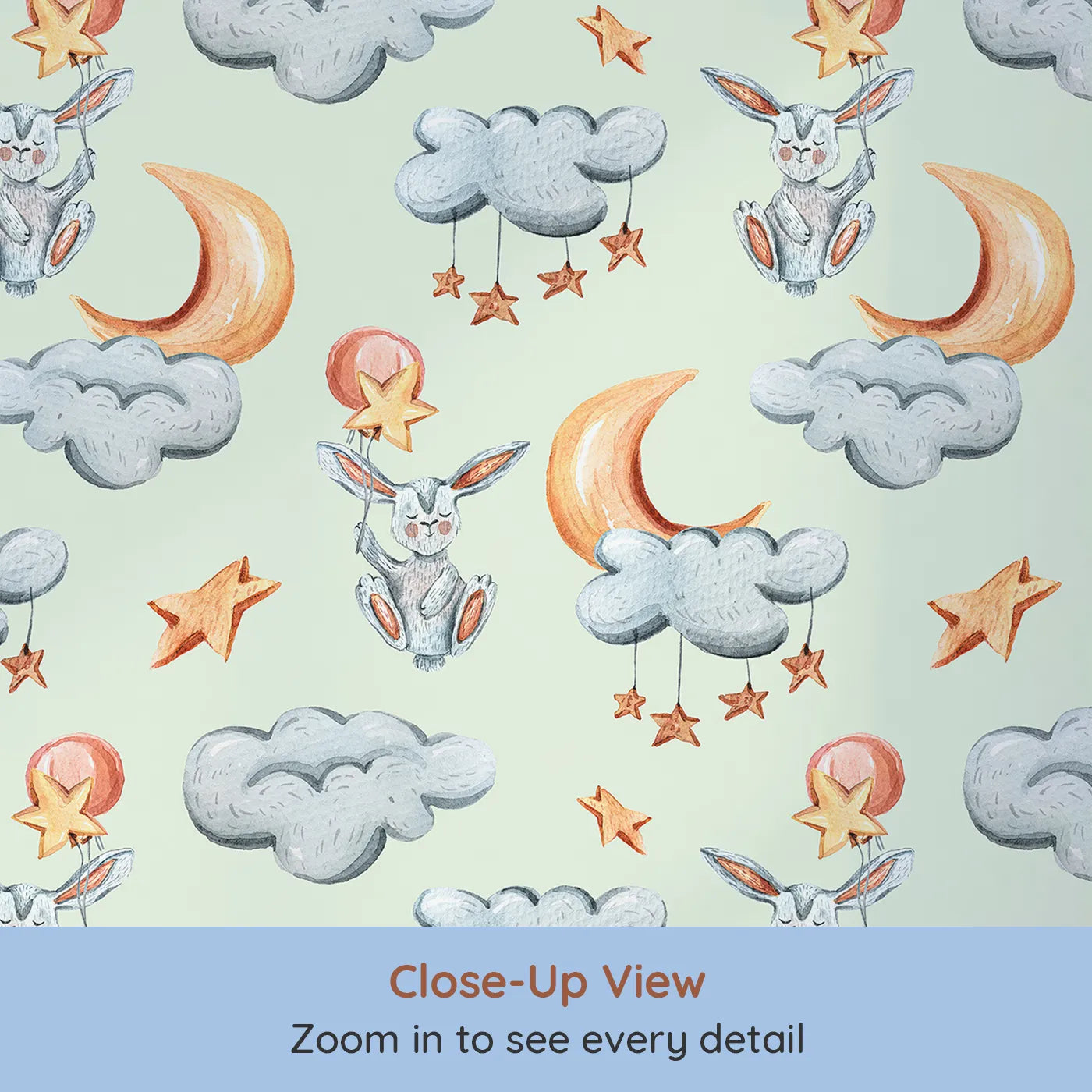 Close-up view of Whimsy Tots' Moonlight Bunny Dreams Wallpaper in Green (W3325D).Floating bunnies drift through mint skies with stars and sleepy moons.