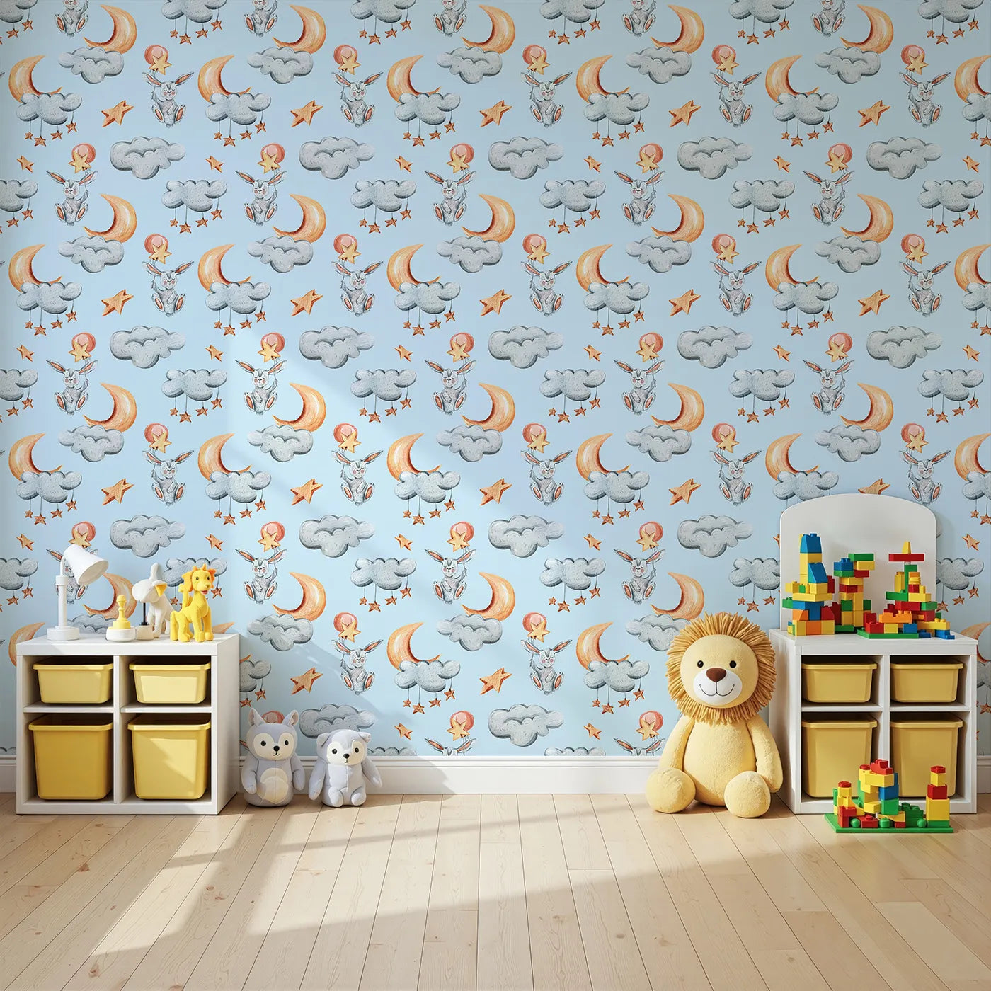 Angled view of Whimsy Tots' Moonlight Bunny Dreams Wallpaper in Blue (W3325E).Sleepy bunnies drift through soft blue skies with moons and stars.