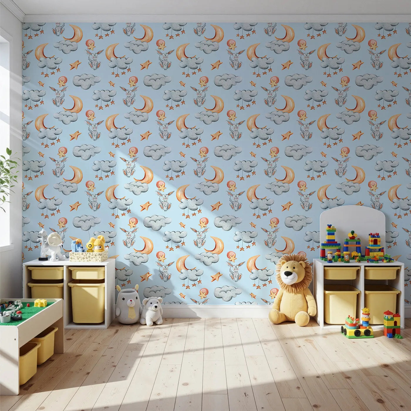 Front view of Whimsy Tots' Moonlight Bunny Dreams Wallpaper in Blue