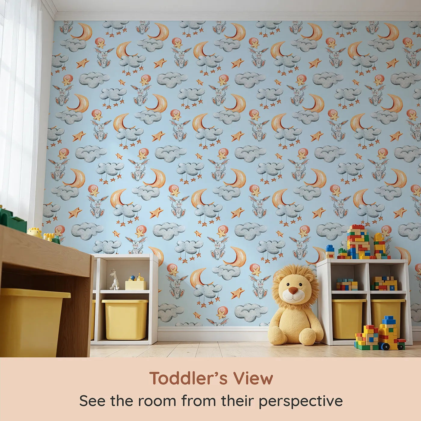 Whimsy Tots Moonlight Bunny Dreams Wallpaper in Blue (W3325E) from your child's view.Sleepy bunnies drift through soft blue skies with moons and stars.
