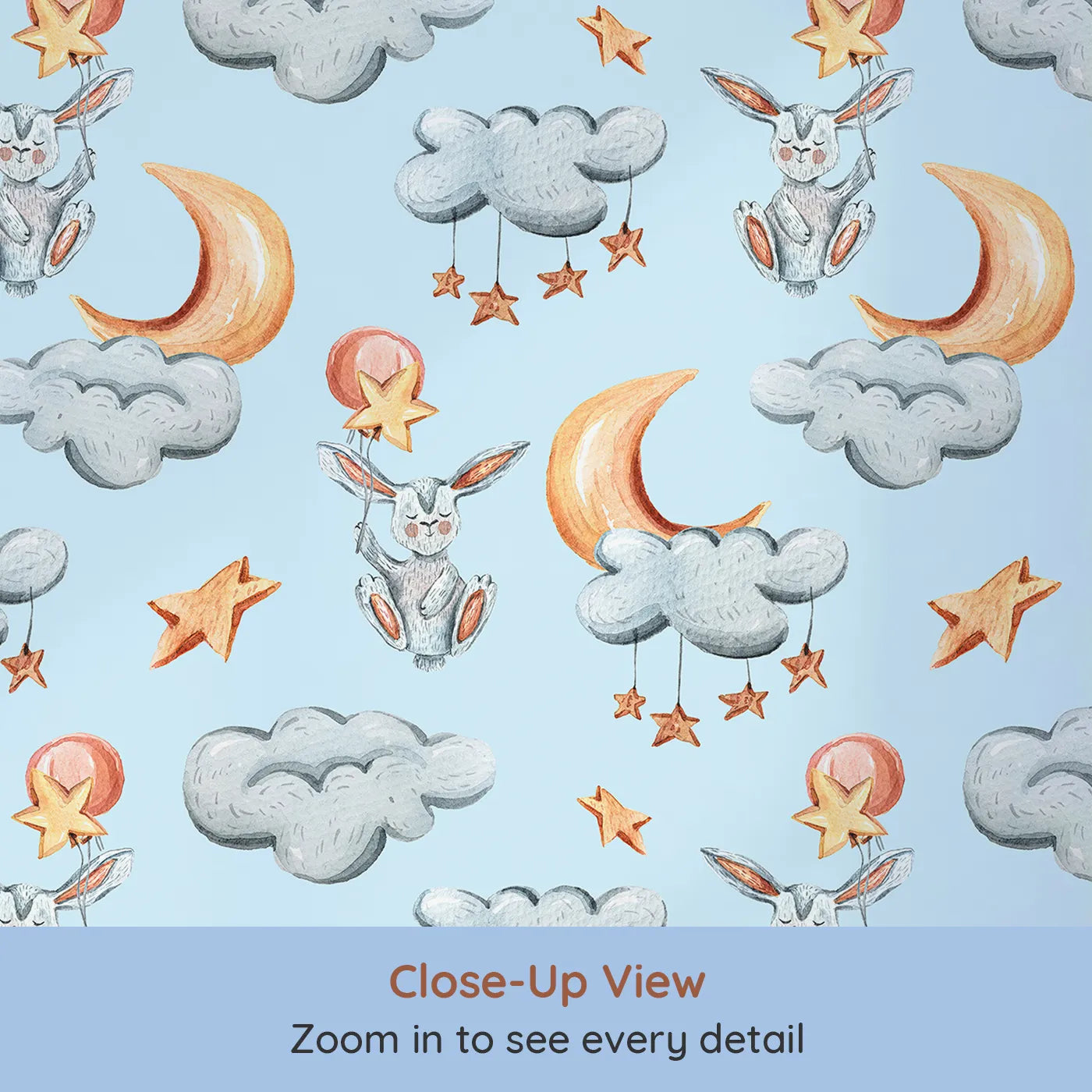 Close-up view of Whimsy Tots' Moonlight Bunny Dreams Wallpaper in Blue (W3325E).Sleepy bunnies drift through soft blue skies with moons and stars.