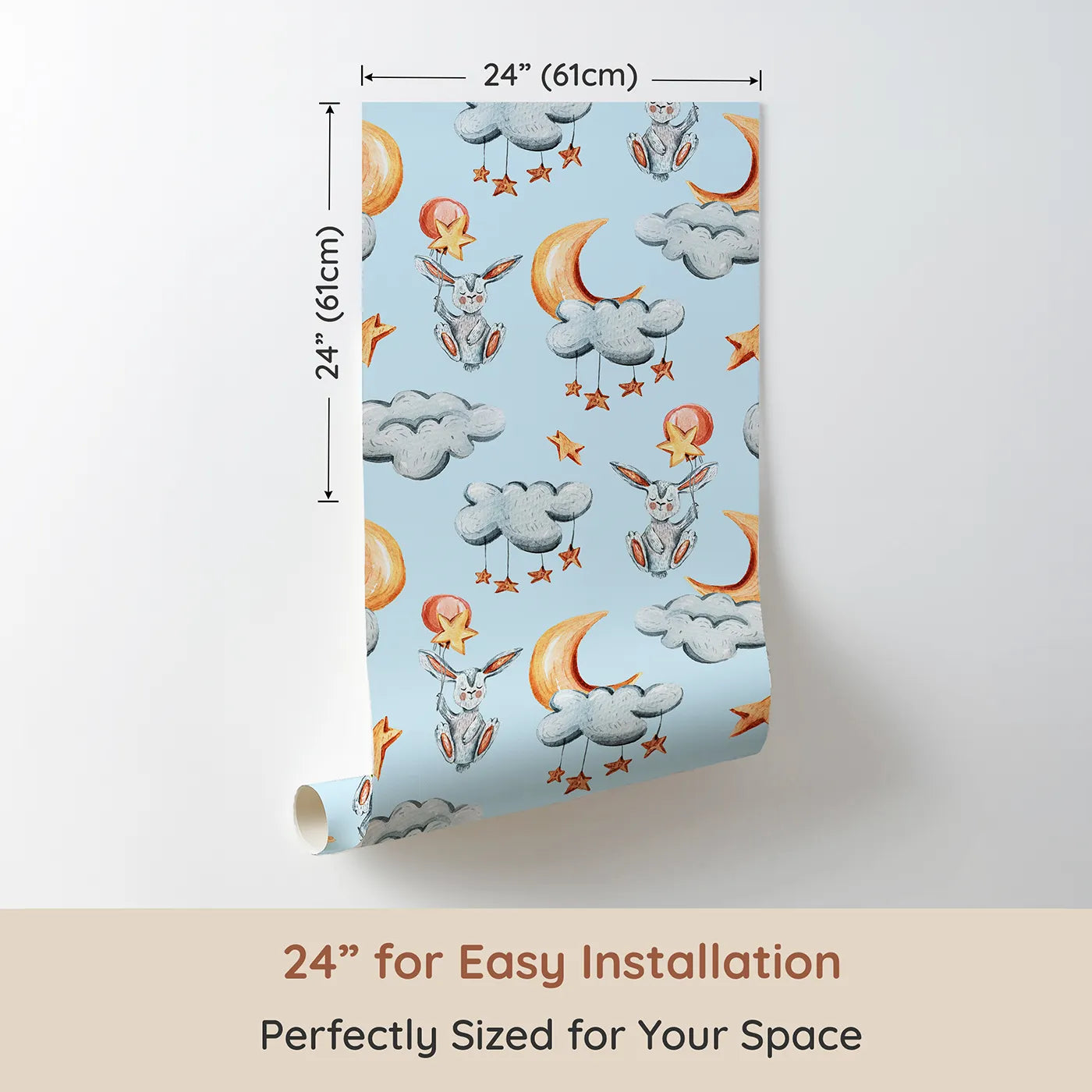 Dimension view of Whimsy Tots Moonlight Bunny Dreams Wallpaper in Blue (W3325E). Printed in 24-inch-wide panel for easy installation. Sleepy bunnies drift through soft blue skies with moons and stars.