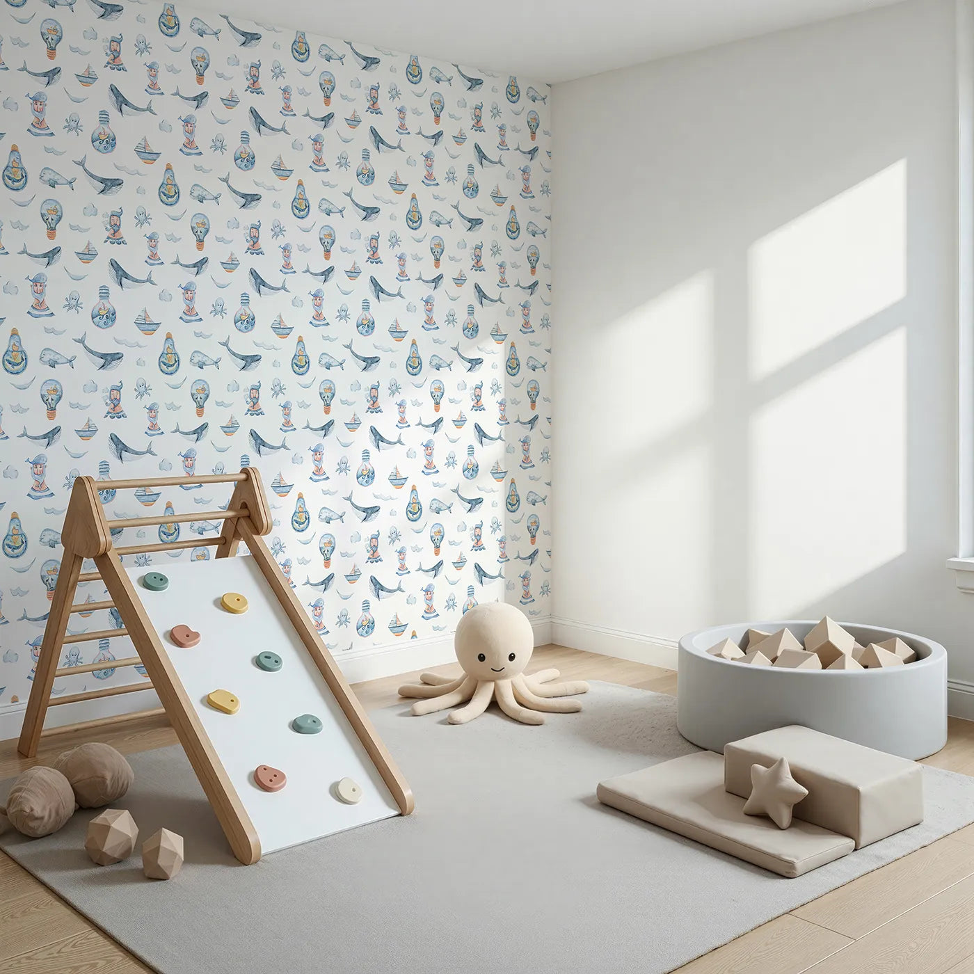 Angled view of Whimsy Tots' Maritime Whimsy Wallpaper in White (W3326A).Whales, sailors, and boats float across a sea of imagination.