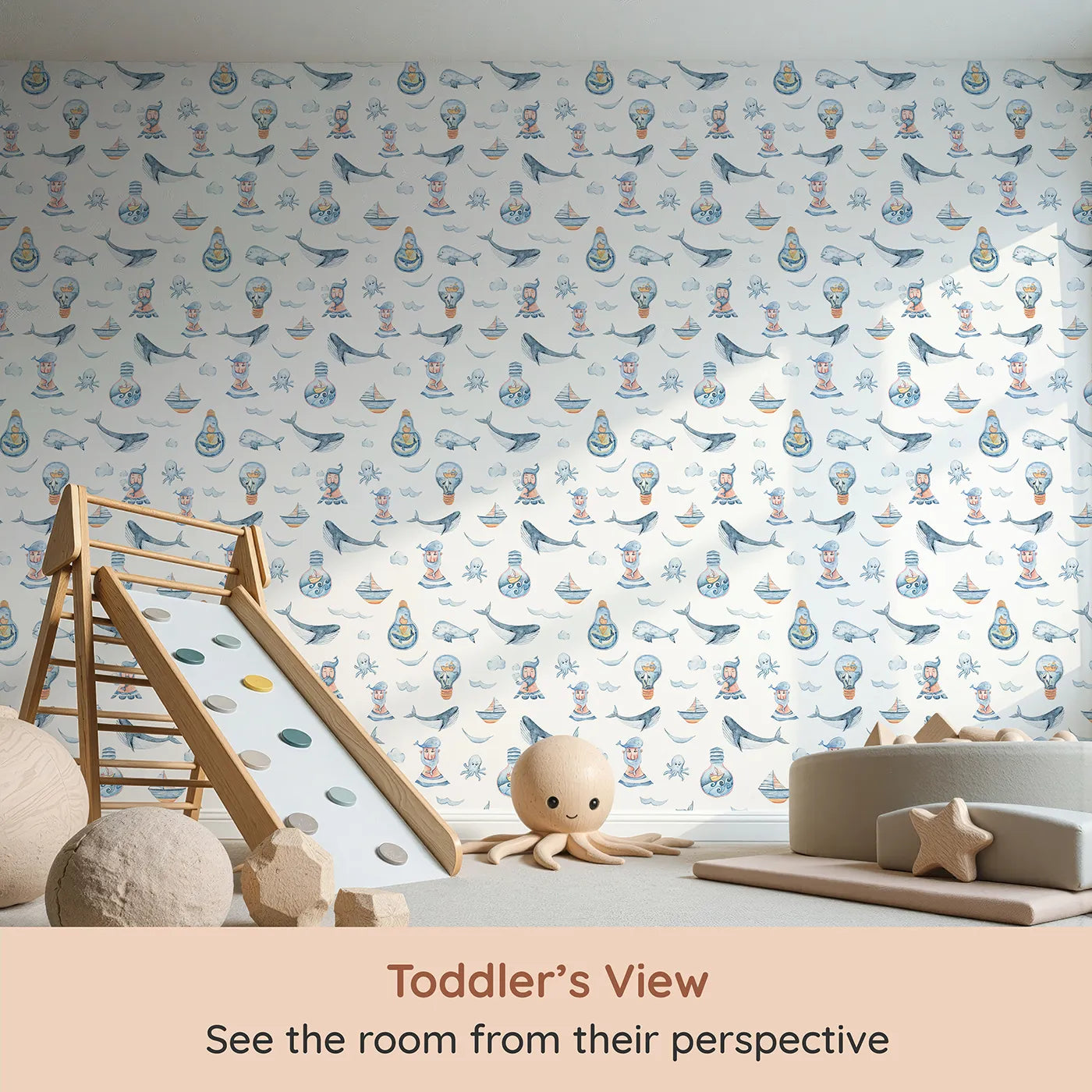 Whimsy Tots Maritime Whimsy Wallpaper in White (W3326A) from your child's view.Whales, sailors, and boats float across a sea of imagination.