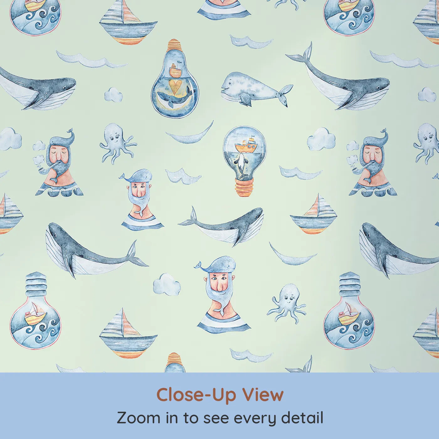 Close-up view of Whimsy Tots' Maritime Whimsy Wallpaper in Mint Green (W3326D).Friendly sea creatures and dreamy ships sail across a fresh mint sea.