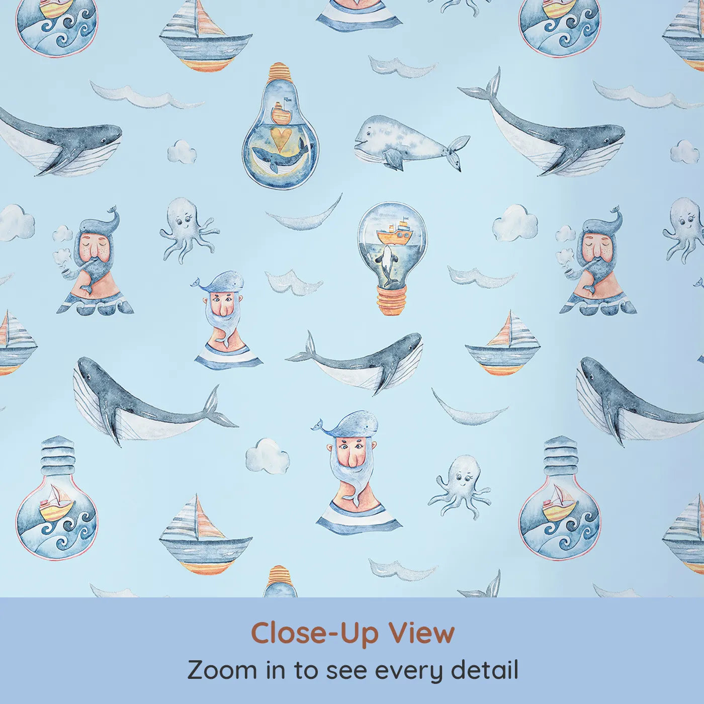 Close-up view of Whimsy Tots' Maritime Whimsy Wallpaper in Blue (W3326E).Blue skies and gentle seas carry whales, ships, and sailor tales.