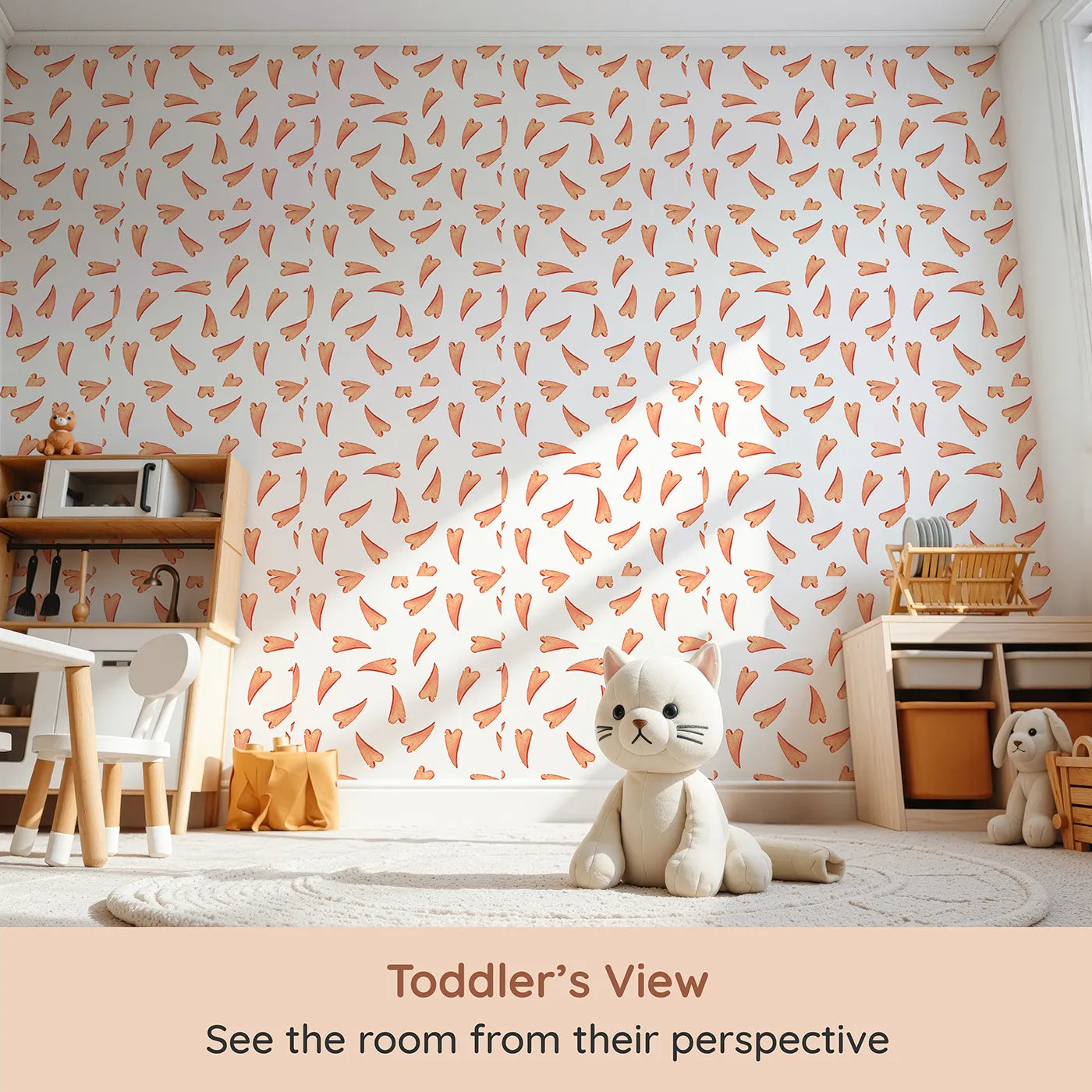 Whimsy Tots Scattered Heart Sprinkles Wallpaper in White (W3327A) from your child's view.Hand-painted hearts drift like gentle sprinkles across a calm white sky.