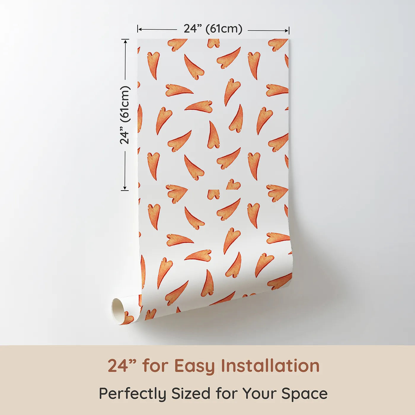 Dimension view of Whimsy Tots Scattered Heart Sprinkles Wallpaper in White (W3327A). Printed in 24-inch-wide panel for easy installation. Hand-painted hearts drift like gentle sprinkles across a calm white sky.