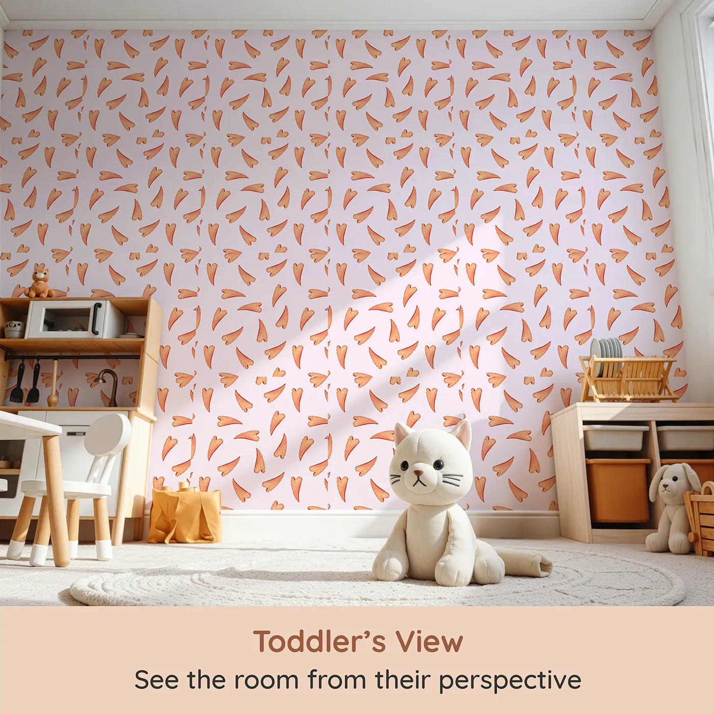 Whimsy Tots Scattered Heart Sprinkles Wallpaper in Blush (W3327B) from your child's view.Gentle hearts float like whispers on a warm blush breeze.